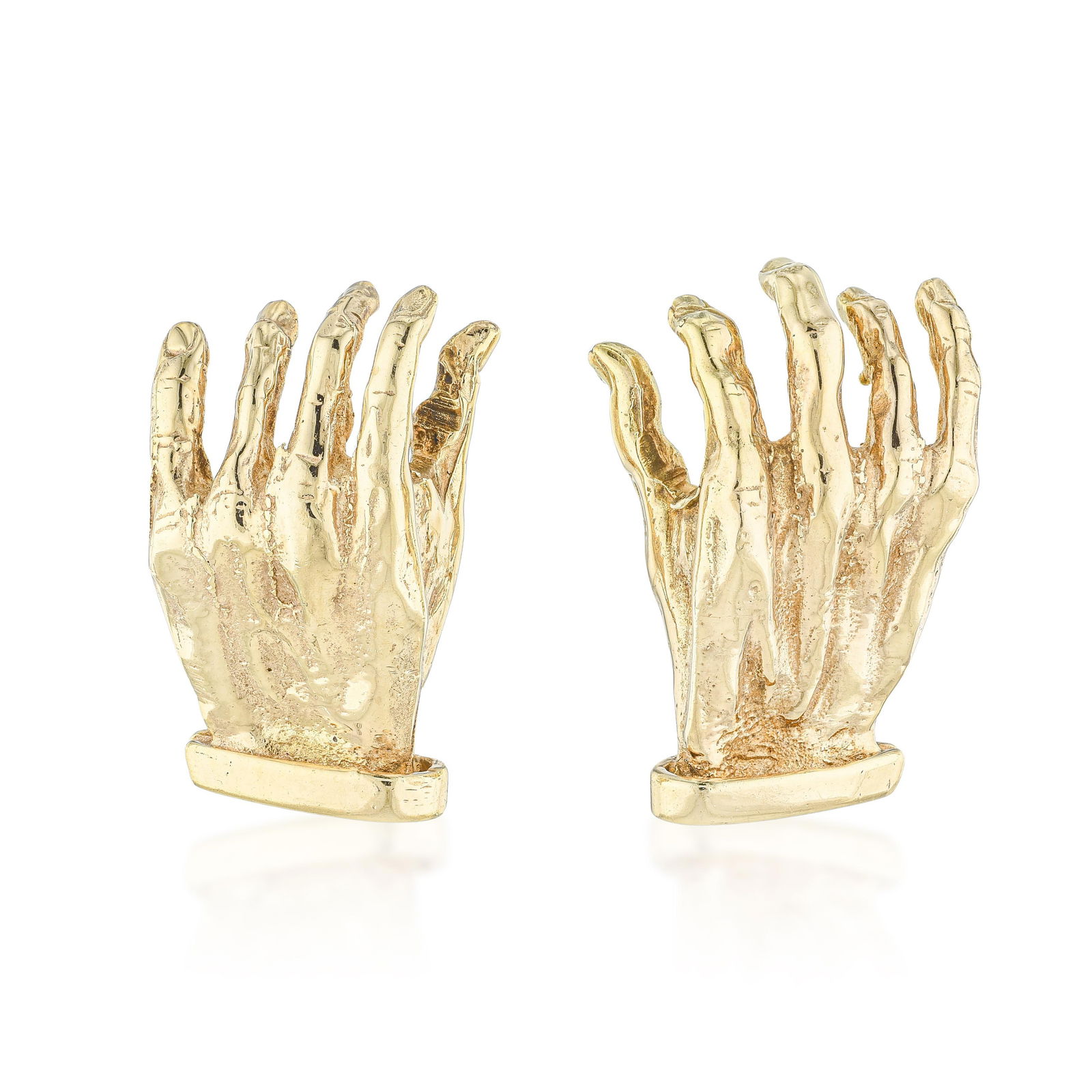 A Pair Of Vintage Gold Sculptural Hand Earrings: These distinctive earrings are finely crafted in 14K yellow gold in the form of sculptural hands, each modeled with a realistic open-palm motif that captures expressive detail and surface texture in