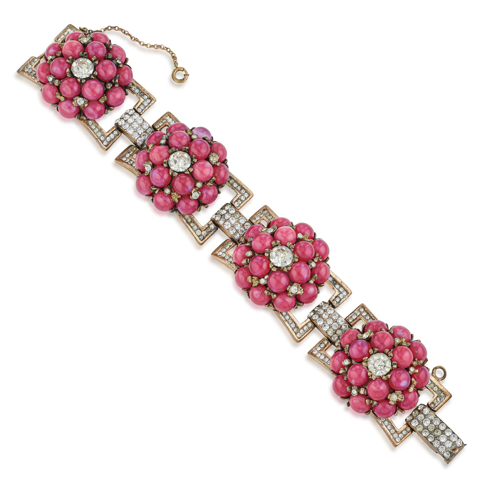 Vintage REJA Sterling Vermeil Pink Cabochon Rhinestone Floral Bracelet: ESTIMATED RETAIL PRICE: $4,500* *This is the estimated value a piece of similar quality, craftsmanship, and characteristics could command at retail. Vintage REJA Sterling Vermeil Floral Bracelet