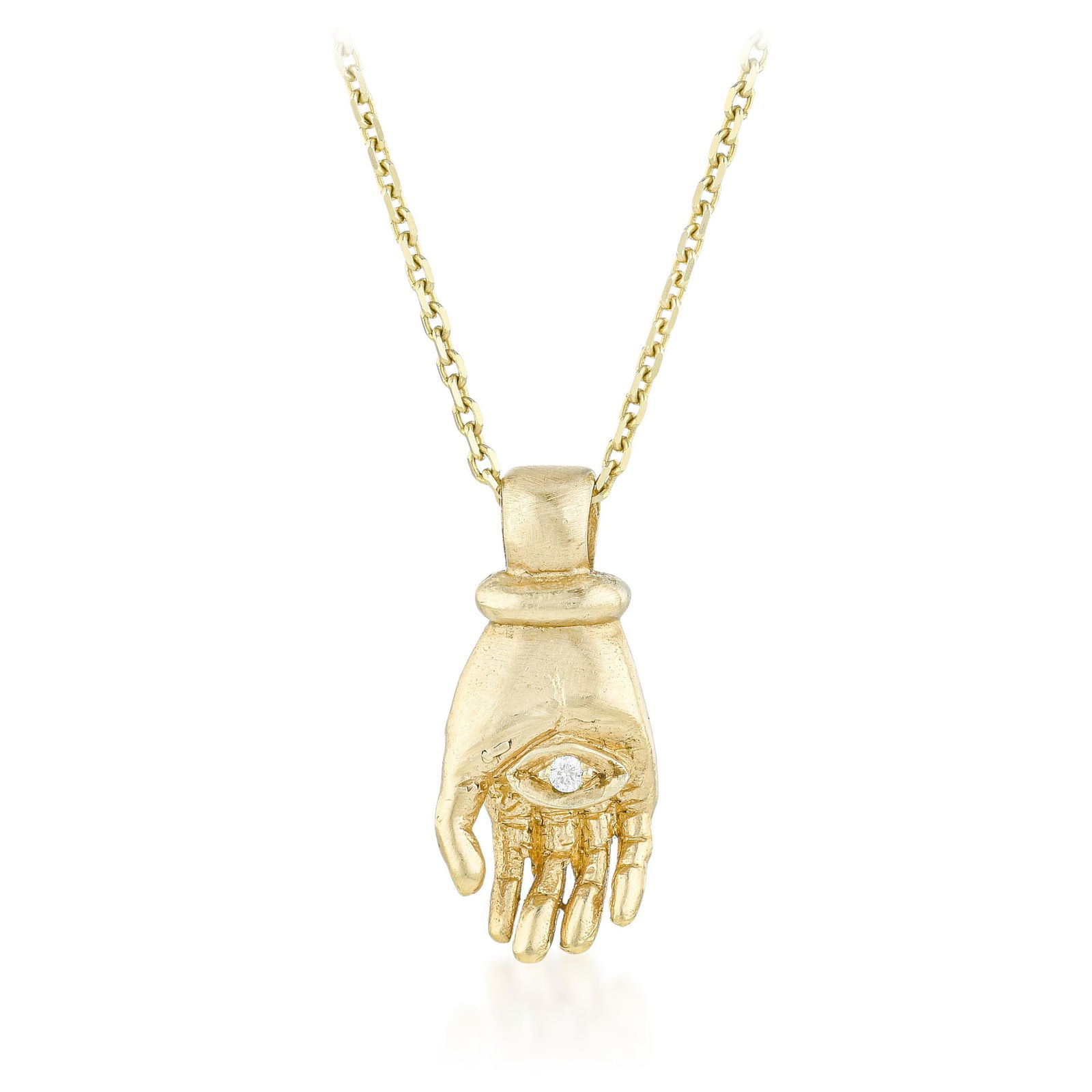 Vintage Gold Diamond Hand Pendant/Chain: A 14K yellow gold hand pendant on a 30-inch chain: the hand motif in gold carries centuries of symbolic weight — protection, gesture, faith, and surrealist playfulness all at once. At 10.2