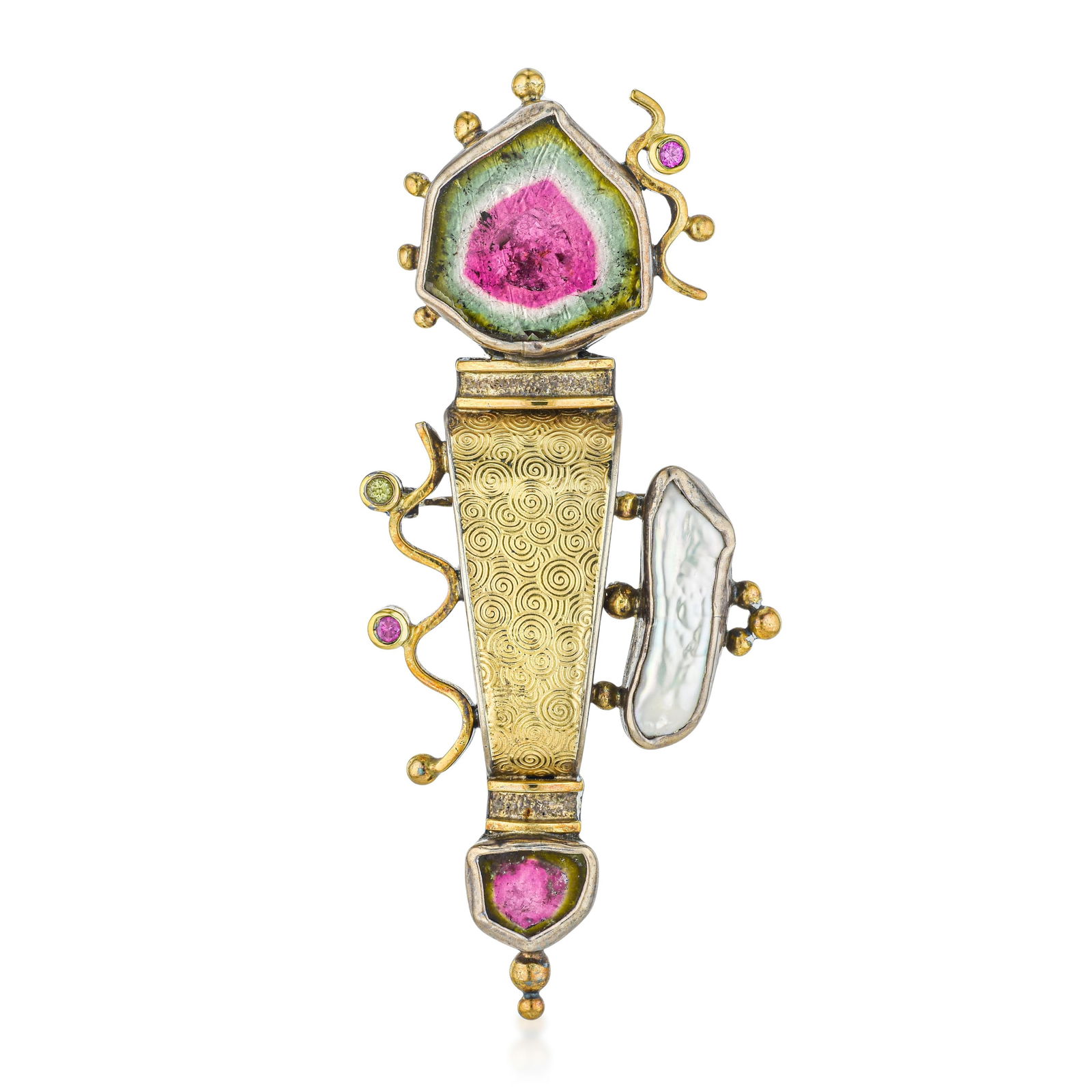 Watermelon Tourmaline and Pearl Brooch: Watermelon Tourmaline and Pearl Brooch. Features watermelon tourmaline displaying characteristic pink center with green edges, accented by pearls in a naturalistic design. A distinctive brooch