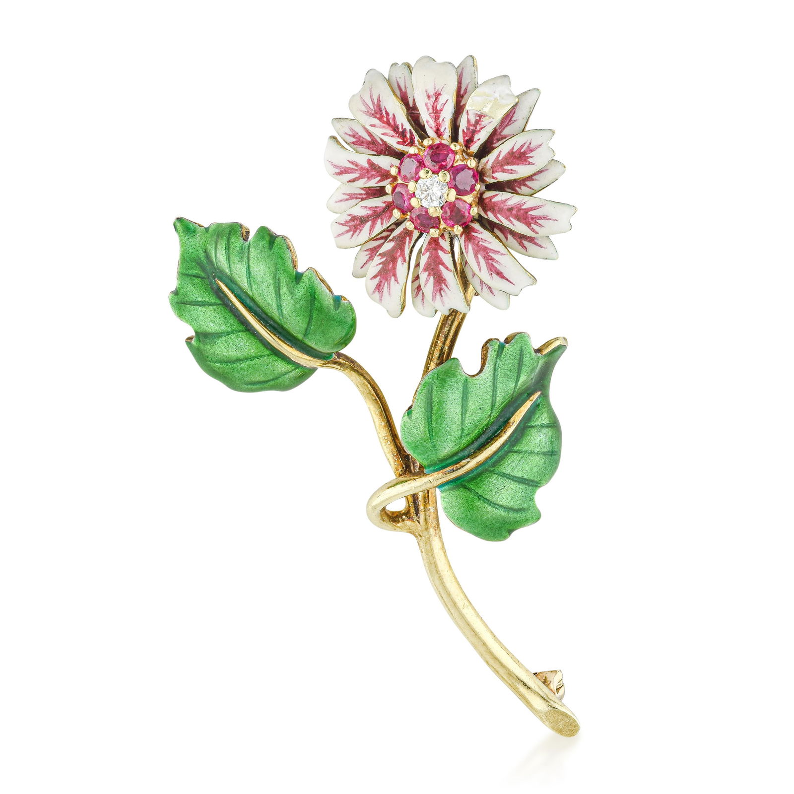 Vintage Enamel and Diamond Chrysanthemum Flower Brooch - No Reserve Lot: A vintage enamel and diamond chrysanthemum flower brooch in 14K gold at 2.25 inches: the chrysanthemum is among the most technically demanding botanical motifs in enamel work — the layered