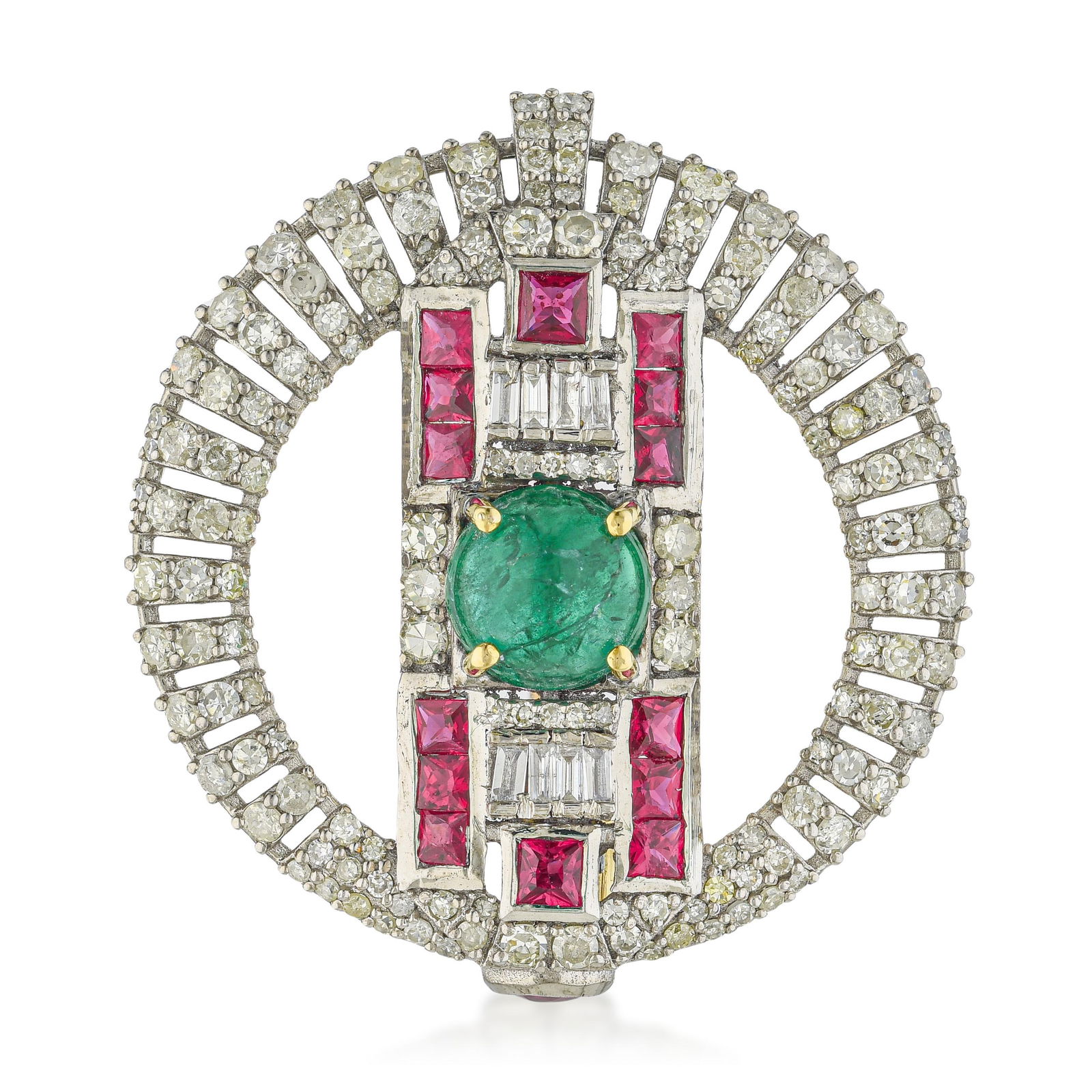 Art Deco Style Emerald Ruby and Diamond Circle Brooch/Pendant (1 of 2)