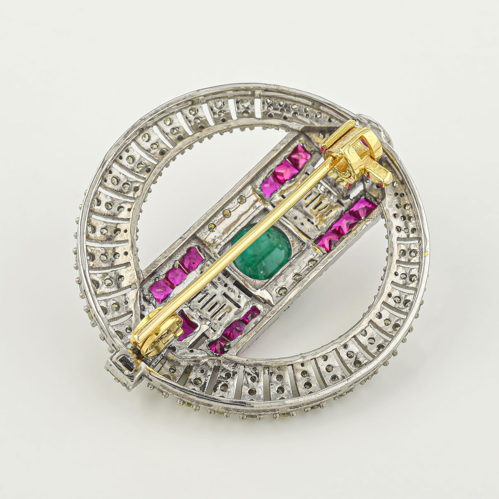 Art Deco Style Emerald Ruby and Diamond Circle Brooch/Pendant - 2