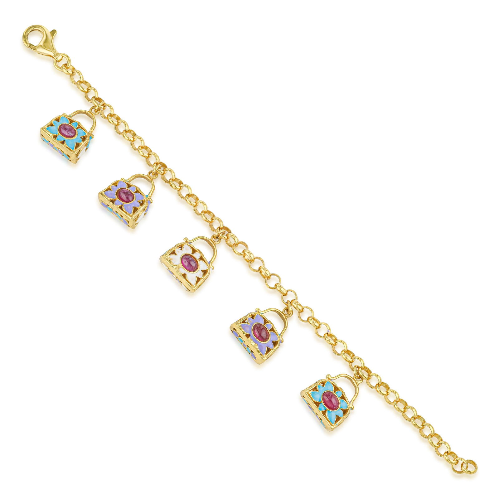 Handbag Charm Silver Vermeil Bracelet: Miniature handbag charms in silver vermeil with approximately 4.50 carats of cabochon rubies: a whimsical and collectible charm bracelet that combines jewelry and fashion humor. The ruby detail