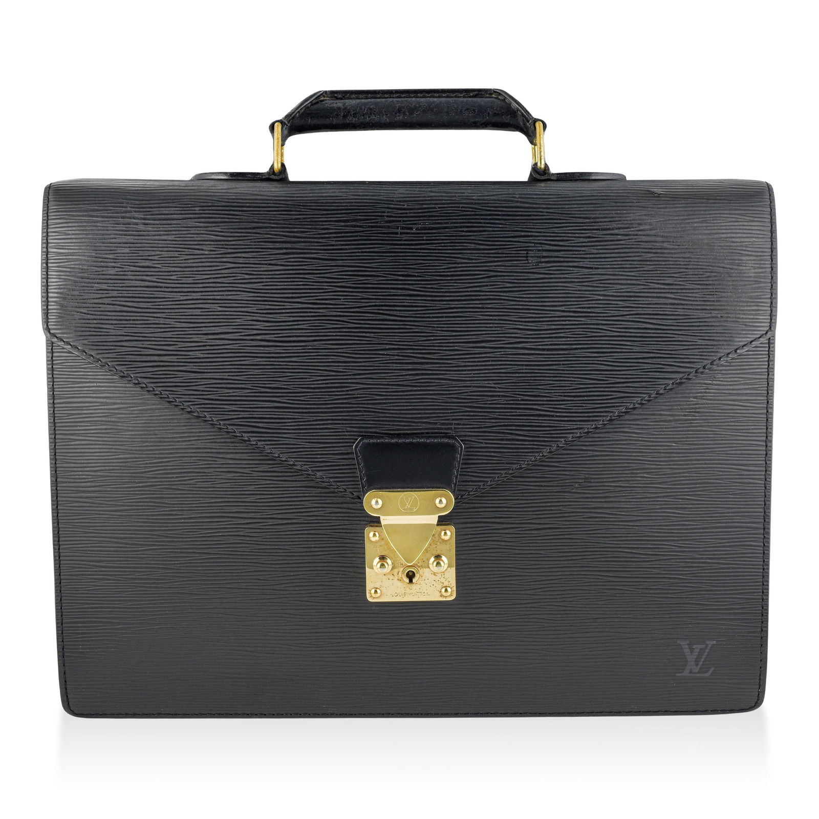 Louis Vuitton Epi Leather Serviette Conseil Briefcase, Black: The Serviette Conseil (Counselor's Briefcase) is one of Louis Vuitton's most refined professional pieces, crafted from the signature Epi leather, a distinctive textured leather with embossed parallel