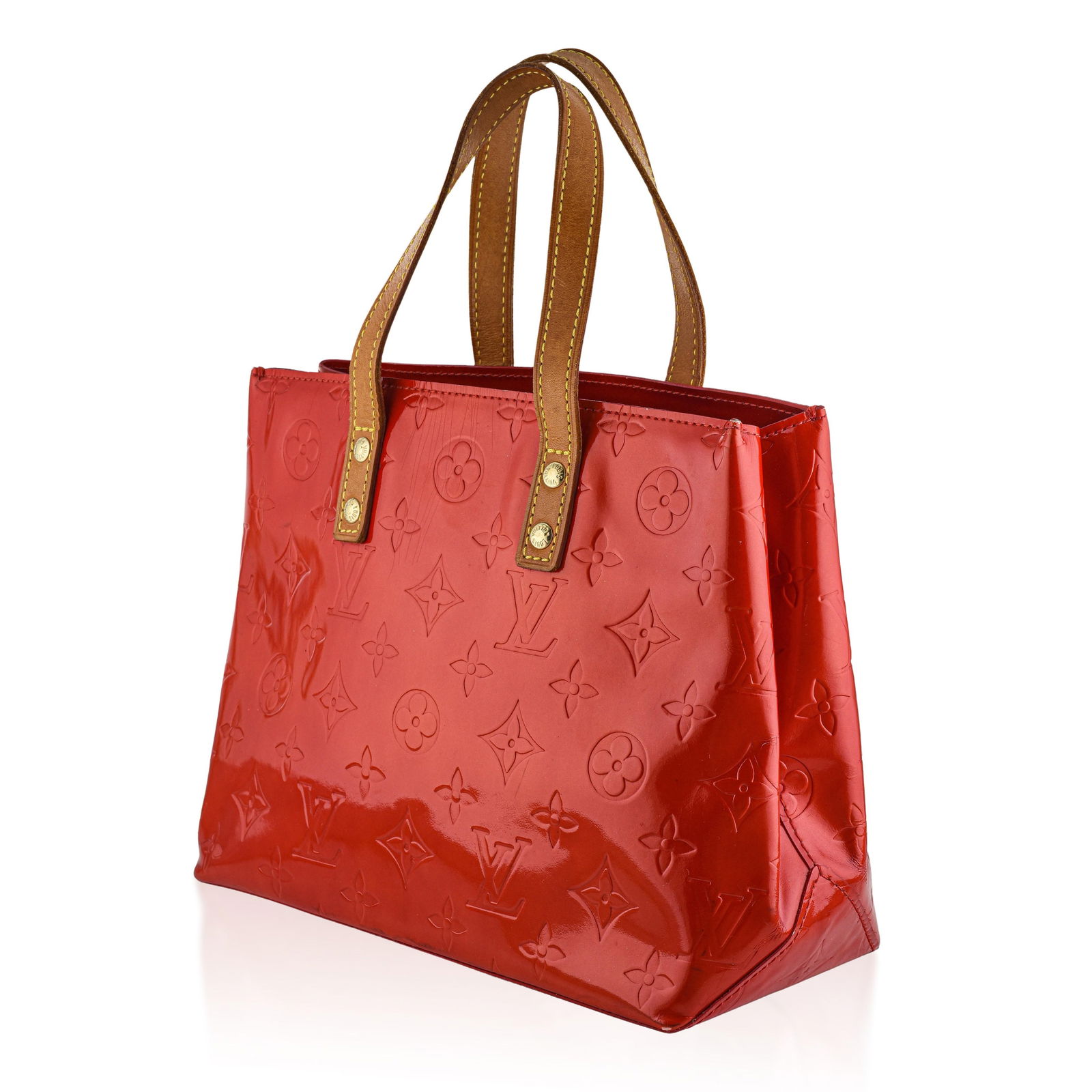Louis Vuitton Vernis Reed PM Handbag – Rouge - No Reserve Lot: The Louis Vuitton Reed PM is a chic, compact tote crafted in glossy Vernis patent leather in a vibrant rouge color. Inspired by the elegance of the Alma, the Reed PM offers a structured silhouette