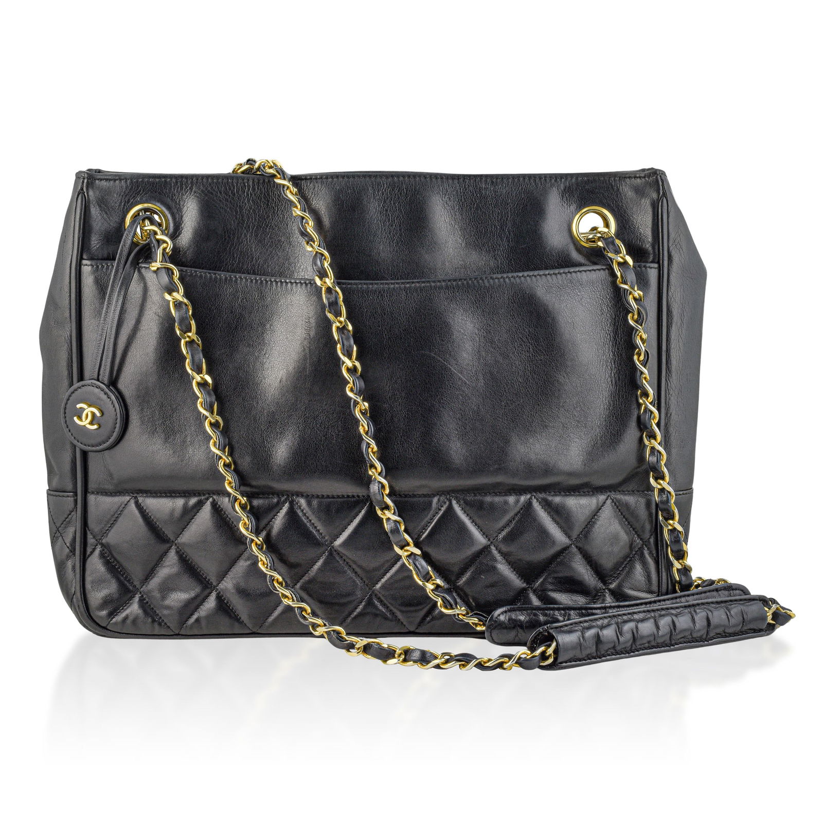 Chanel Matelasse Chain Shoulder Bag, Black Lambskin: ESTIMATED RETAIL PRICE: $1,500* *This is the estimated value a piece of similar quality, craftsmanship, and characteristics could command at retail. This Chanel Matelasse chain shoulder bag is