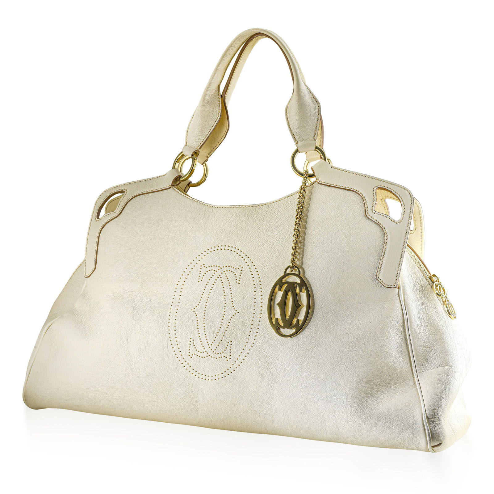 Cartier Marcello White Leather Handbag with Charm - No Reserve Lot: This Cartier Marcello Handbag is crafted from smooth white leather and accented with elegant gold-tone hardware, showcasing the refined silhouette that defines the Marcello line. Designed with dual