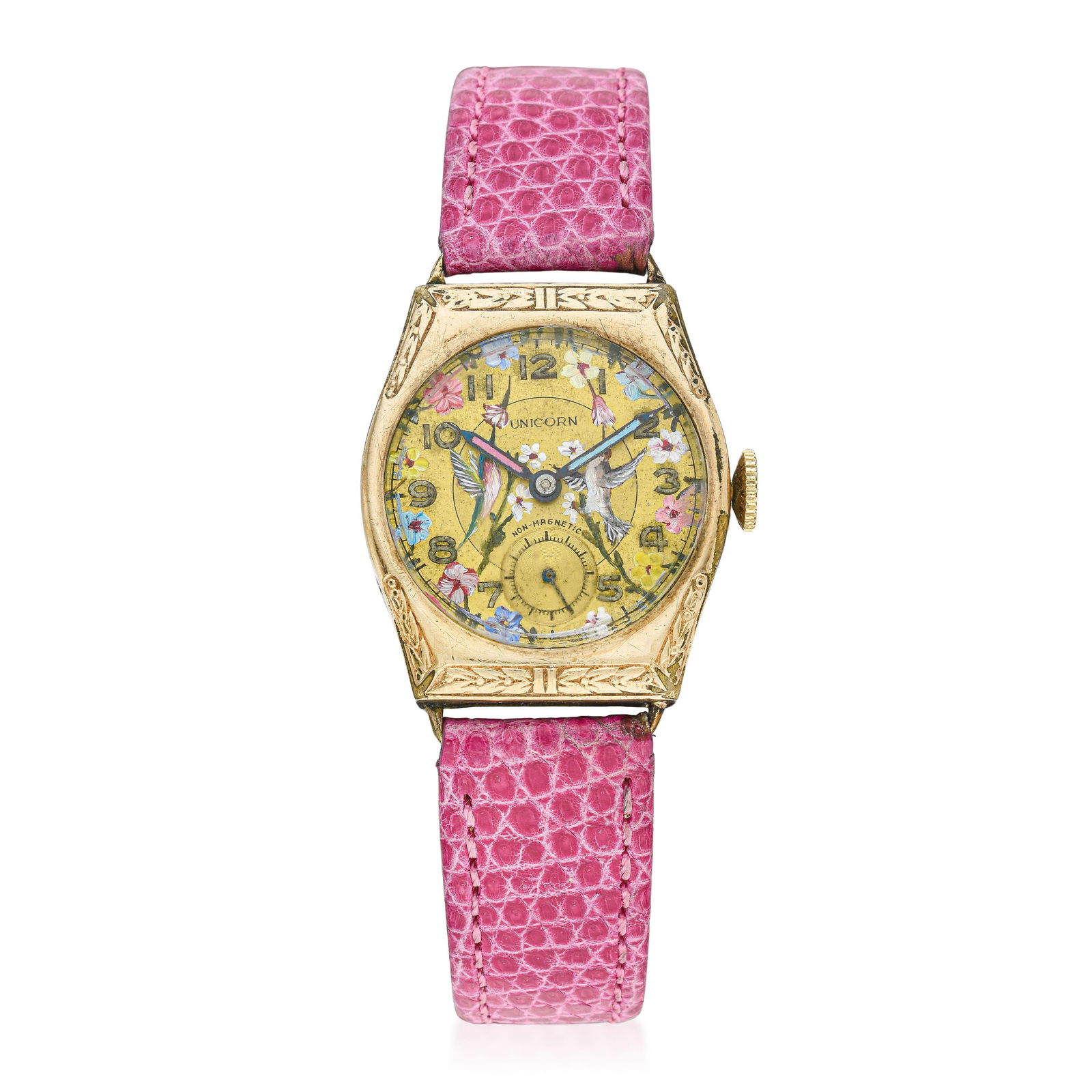 Rolex Unicorn Watch in 10K Gold Filled with Hand Painted Dial: ESTIMATED RETAIL PRICE: $5,500* *This is the estimated value a piece of similar quality, craftsmanship, and characteristics could command at retail. Summary of Key Characteristics CIRCA: 1920s 