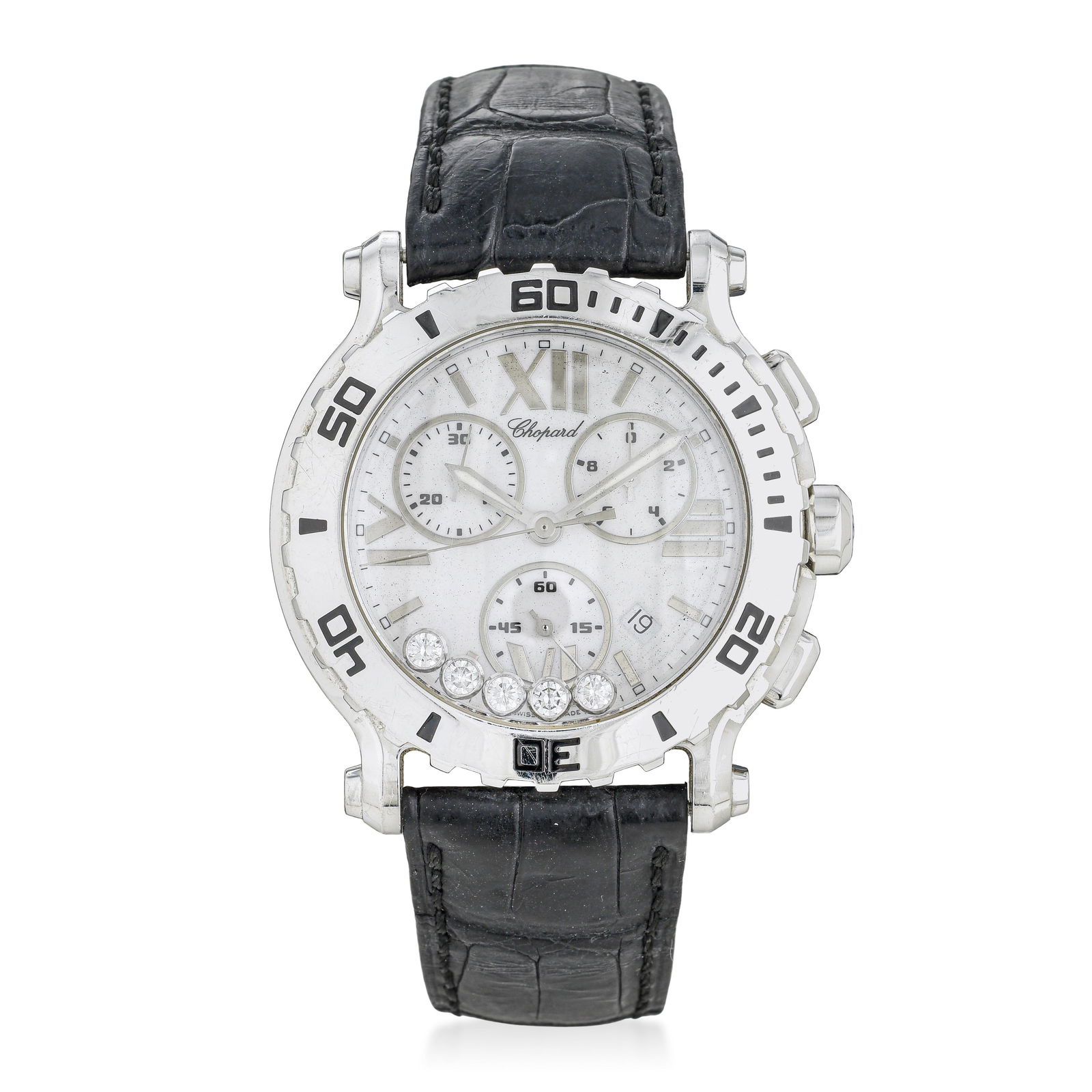 Chopard Happy Sport Chronograph In Steel: ESTIMATED RETAIL PRICE: $6,500* *This is the estimated value a piece of similar quality, craftsmanship, and characteristics could command at retail. Summary of Key Characteristics CIRCA: 2000s 