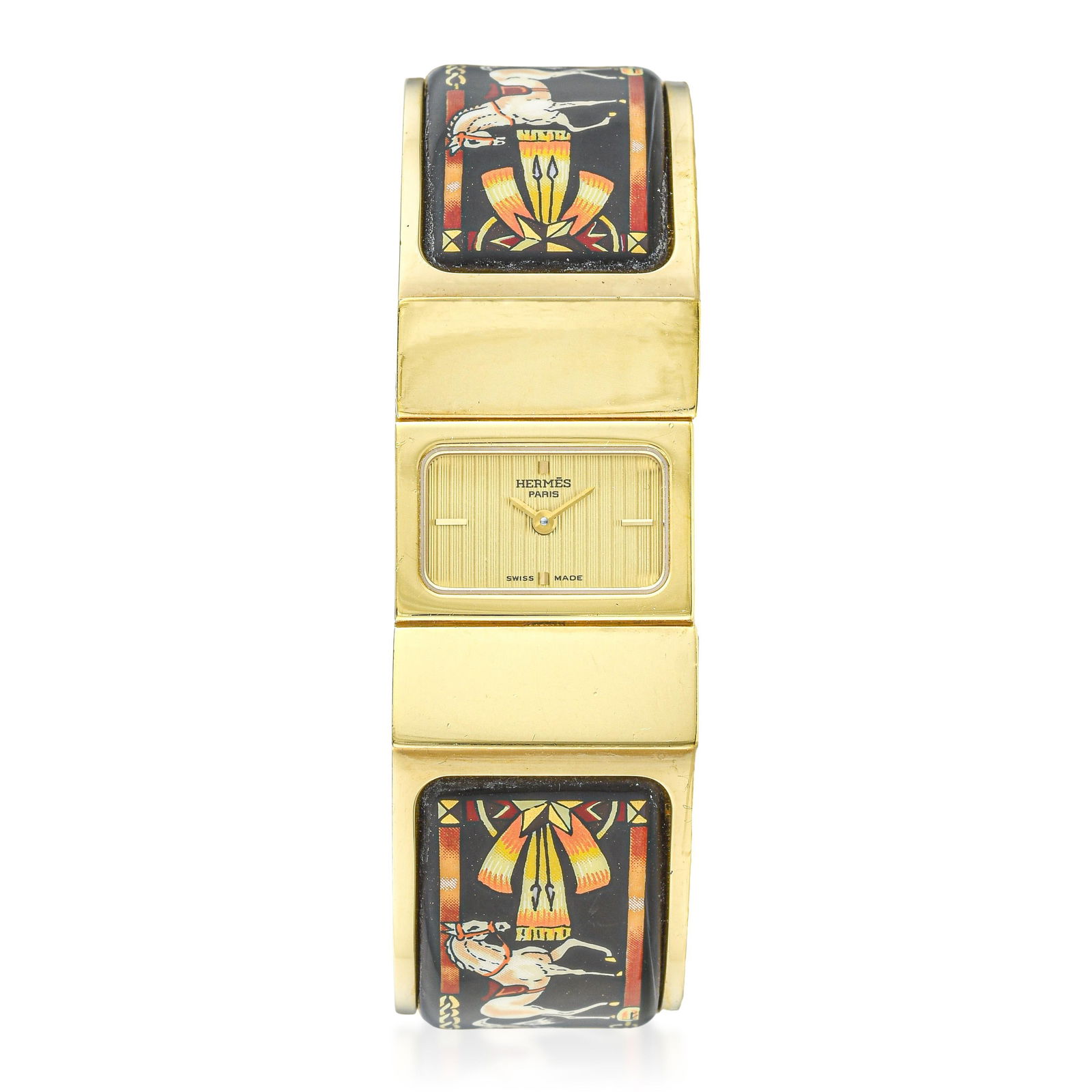 Hermes Loquet Bangle Watch in Gold Plate: ESTIMATED RETAIL PRICE: $1,000* *This is the estimated value a piece of similar quality, craftsmanship, and characteristics could command at retail. Summary of Key Characteristics CIRCA: 1990s 