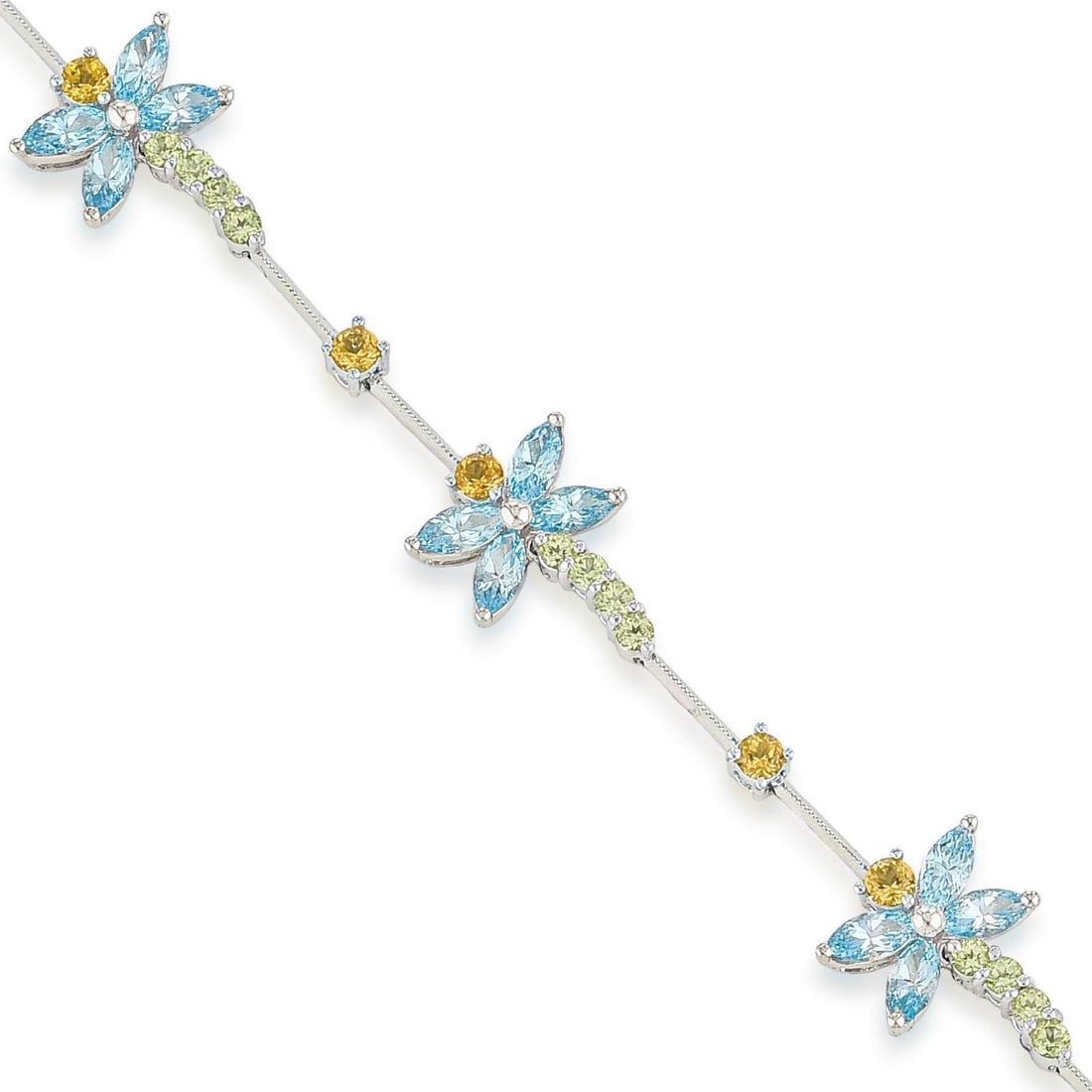 Multi Color Topaz Dragonfly Bracelet: ESTIMATED RETAIL PRICE: $2,400**This is the estimated value a piece of similar quality, craftsmanship, and characteristics could command at retail.Dragonfly links in 18K white gold set with approximat