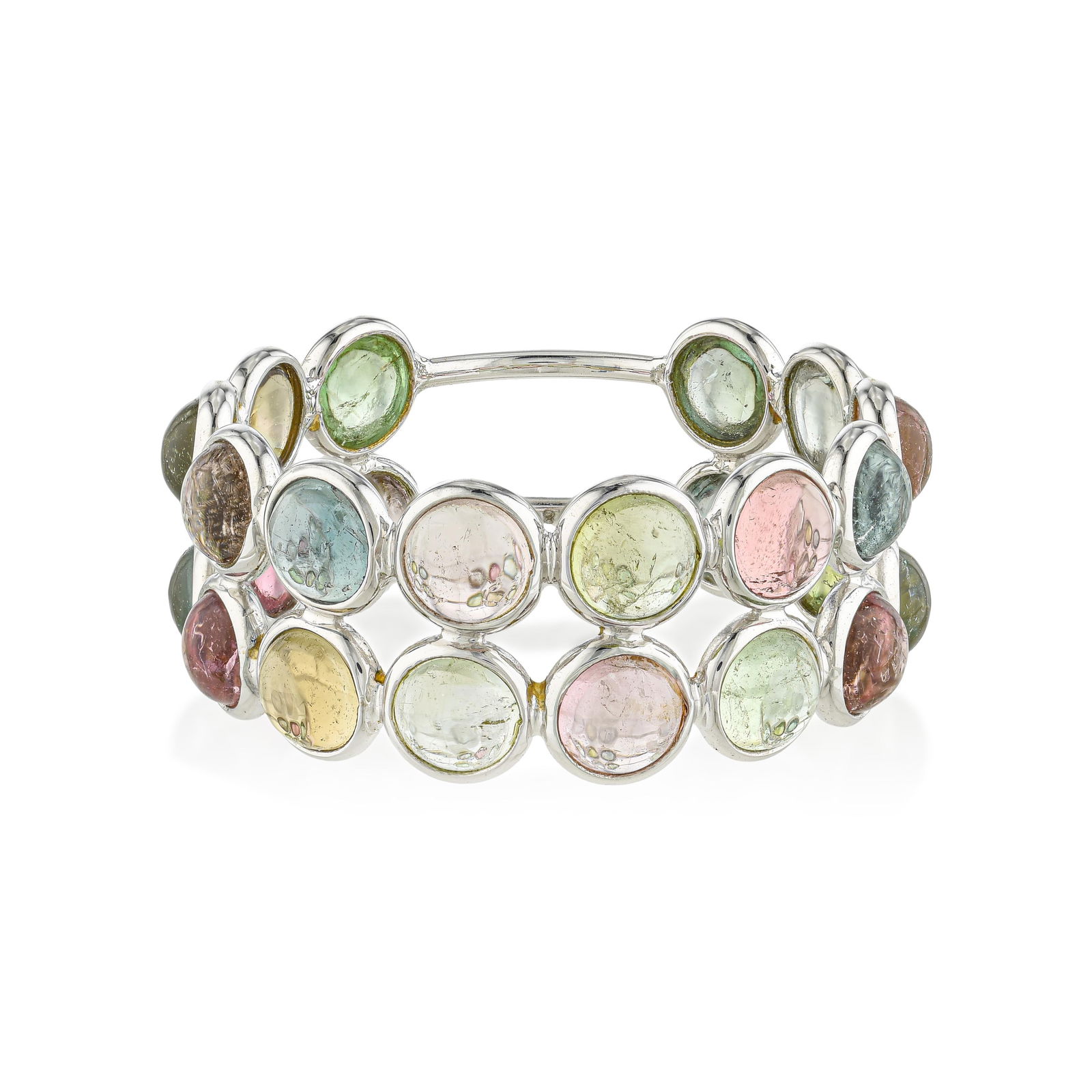 Multicolor Tourmaline Cabochon Double Stack Ring: ESTIMATED RETAIL PRICE: $1,800* *This is the estimated value a piece of similar quality, craftsmanship, and characteristics could command at retail. Multicolor tourmaline cabochons covering the