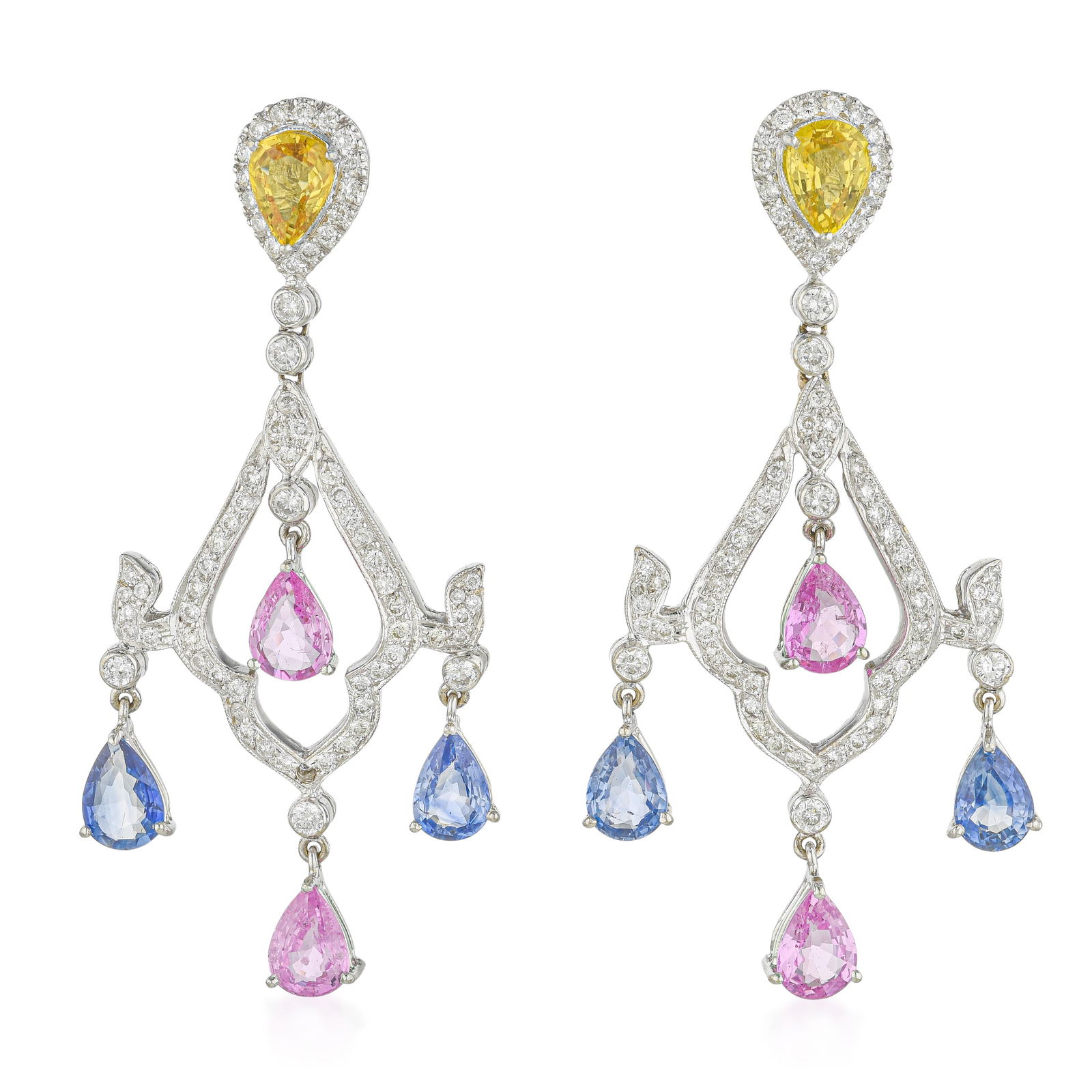 Multicolor Sapphire and Diamond Chandelier Earrings: ESTIMATED RETAIL PRICE: $10,000* *This is the estimated value a piece of similar quality, craftsmanship, and characteristics could command at retail. Chandelier earrings with 7.80 carats of