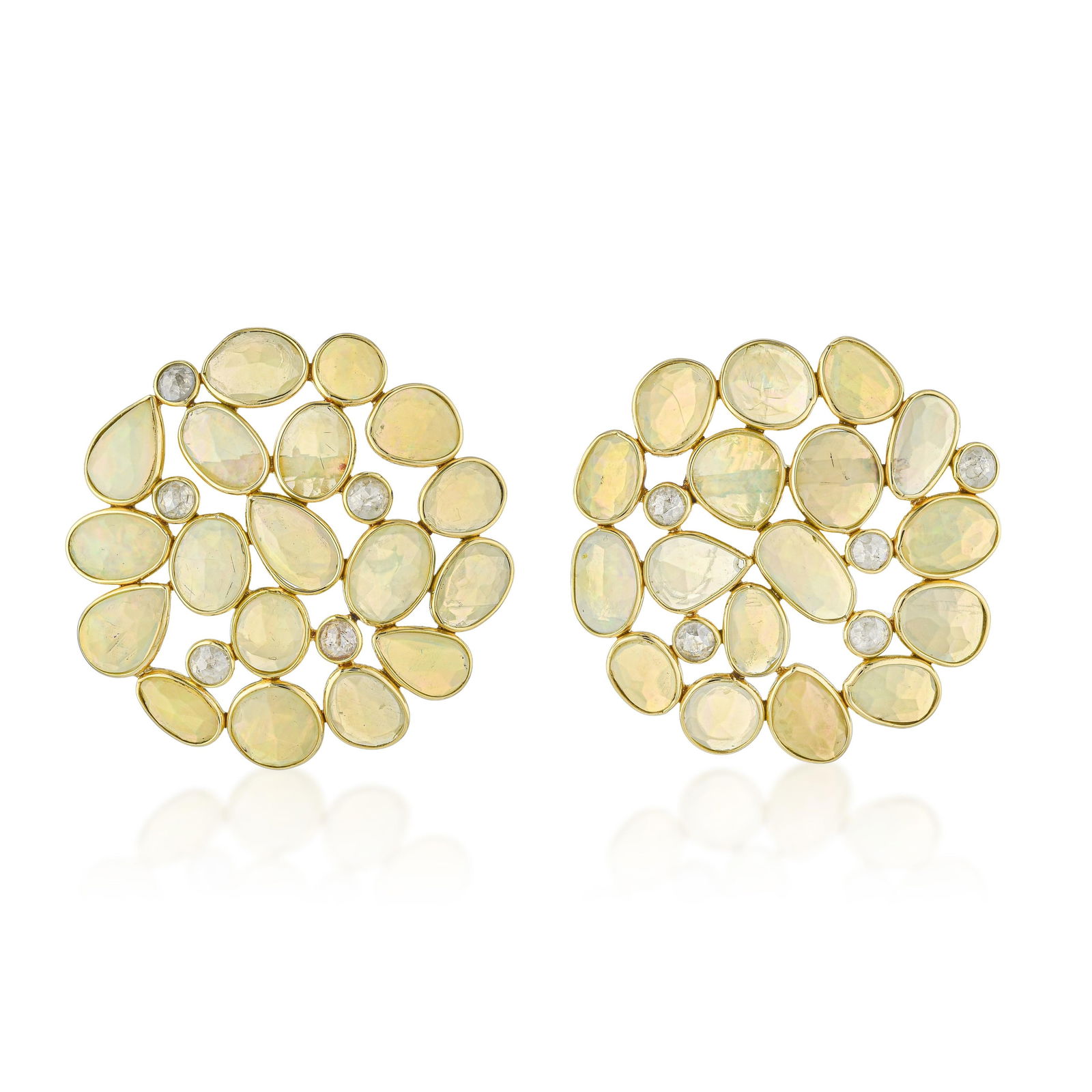 Opal and Diamond Cluster Earrings: ESTIMATED RETAIL PRICE: $2,800* *This is the estimated value a piece of similar quality, craftsmanship, and characteristics could command at retail. These 18K yellow gold cluster earrings