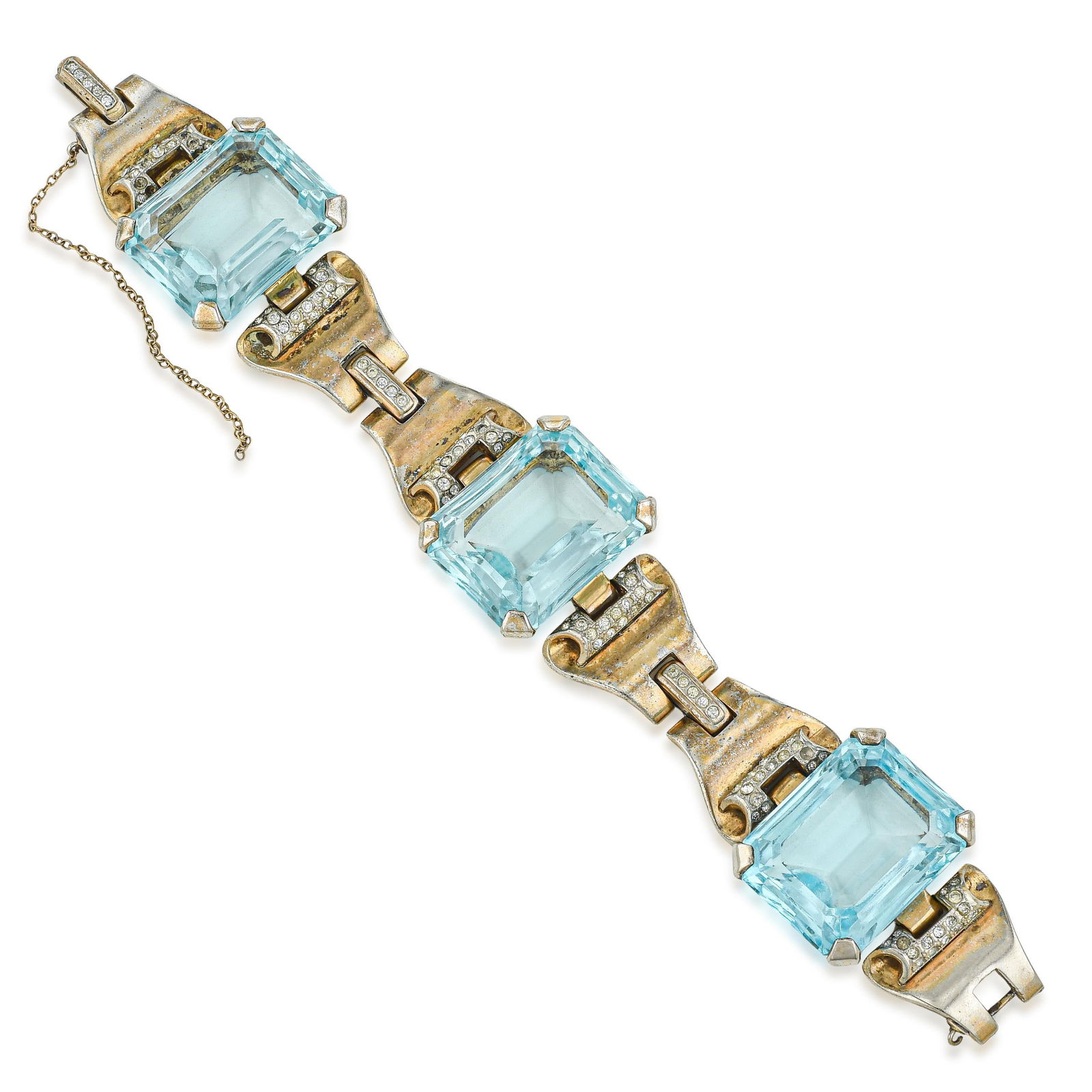 Vintage Art Deco Revival Blue Glass and Rhinestone Panel Link Bracelet: ESTIMATED RETAIL PRICE: $2,400* *This is the estimated value a piece of similar quality, craftsmanship, and characteristics could command at retail. Vintage Art Deco Revival Blue Glass and