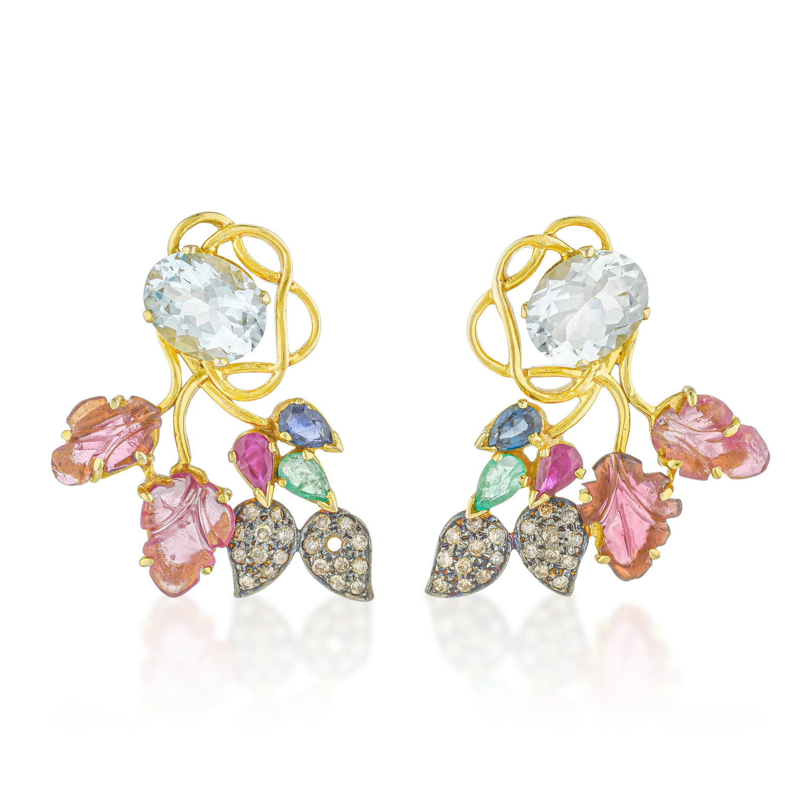 Diamond and Multi Color Stone Earrings: ESTIMATED RETAIL PRICE: $3,800* *This is the estimated value a piece of similar quality, craftsmanship, and characteristics could command at retail. Twenty-two-karat yellow gold earrings set with