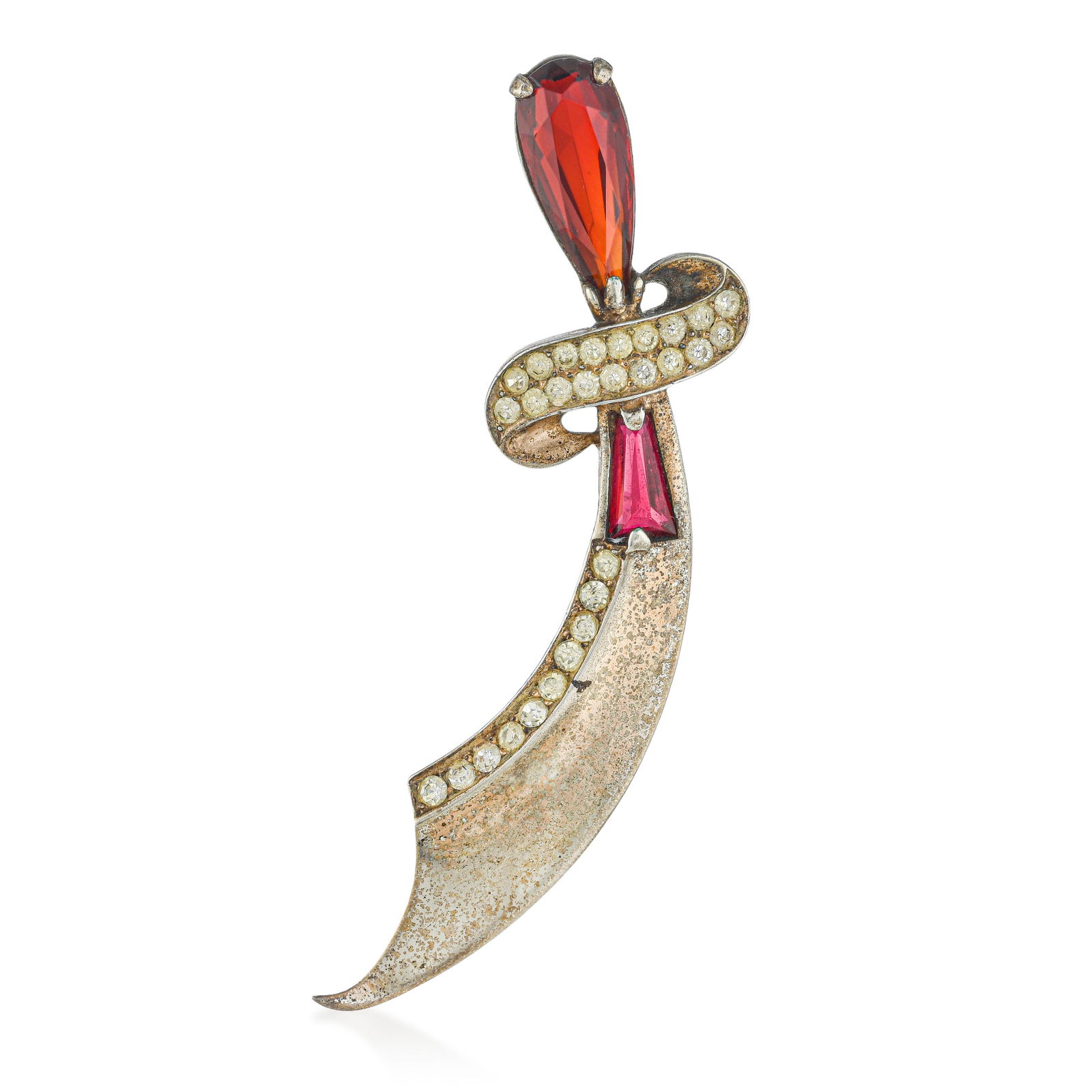 Vintage Sword Scimtar Sterling Silver Gold Wash Rhinestone Pin: ESTIMATED RETAIL PRICE: $450* *This is the estimated value a piece of similar quality, craftsmanship, and characteristics could command at retail. Vintage Sword/Scimitar Sterling Silver Gold Wash