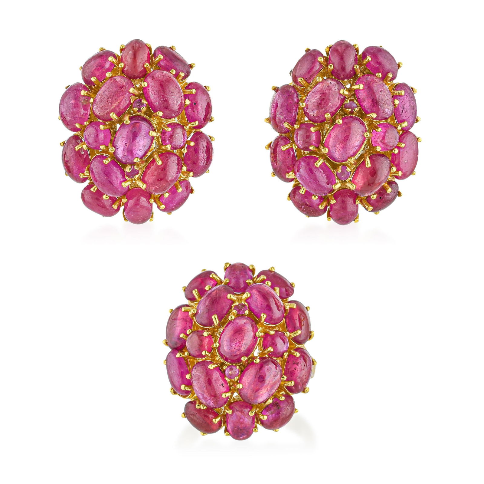 Red Stones Gold Plated Silver Ring and Earrings Set: ESTIMATED RETAIL PRICE: $1,100* *This is the estimated value a piece of similar quality, craftsmanship, and characteristics could command at retail. A matched ring and earrings set in gold-plated