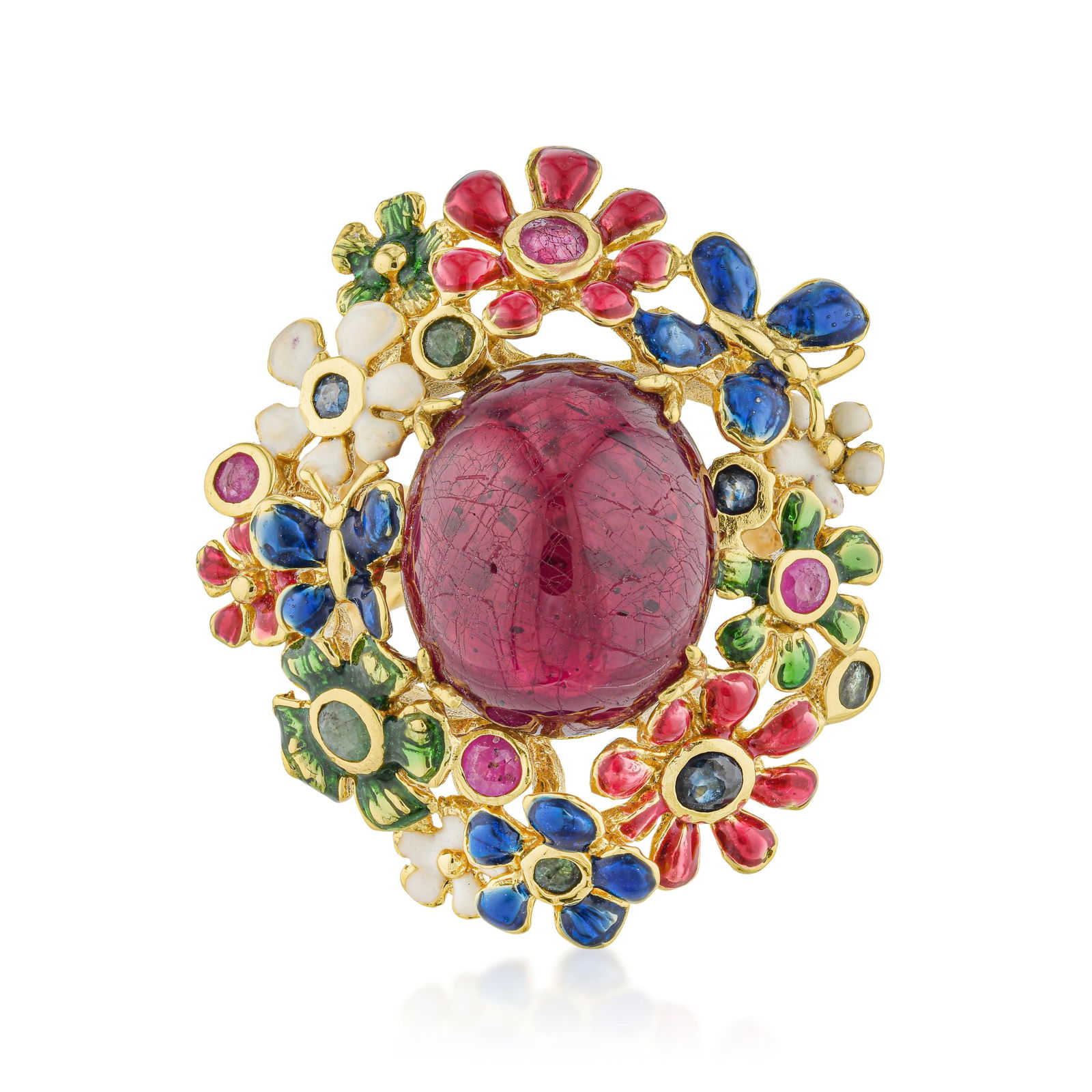 Red Stone and Enamel Gold Plated Ring: ESTIMATED RETAIL PRICE: $500* *This is the estimated value a piece of similar quality, craftsmanship, and characteristics could command at retail. Red stone and enamel in a gold-plated silver
