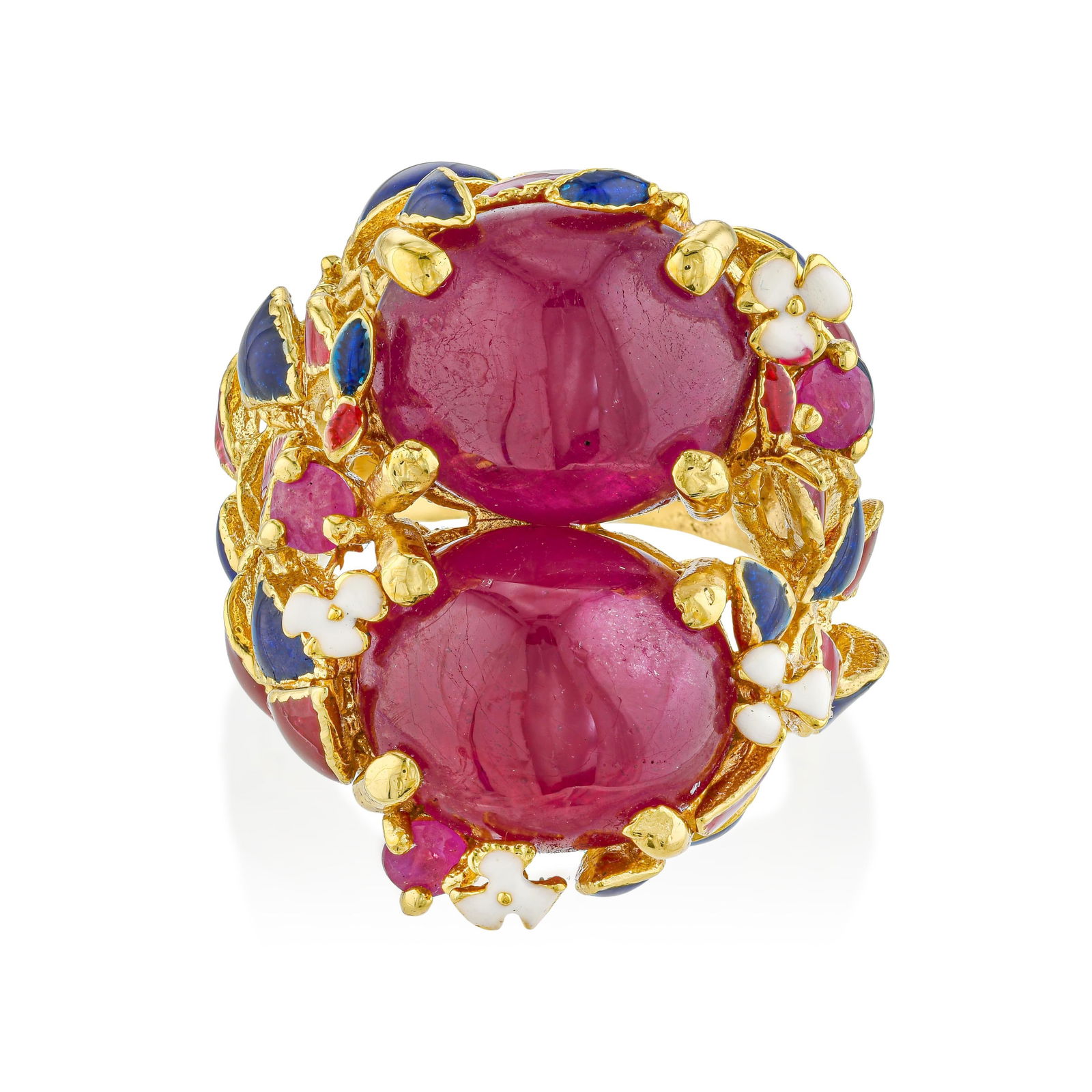 Red Stones and Enamel Gold Plated Silver Ring: ESTIMATED RETAIL PRICE: $500* *This is the estimated value a piece of similar quality, craftsmanship, and characteristics could command at retail. Red stones and enamel in a gold-plated silver