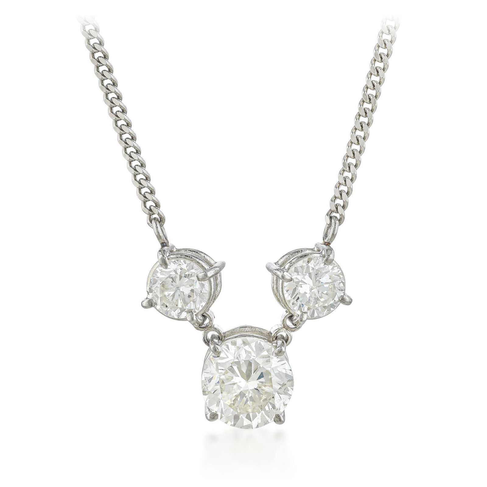Three Diamond Necklace: ESTIMATED RETAIL PRICE: $5,500* *This is the estimated value a piece of similar quality, craftsmanship, and characteristics could command at retail. Three round brilliant diamonds, graduated and