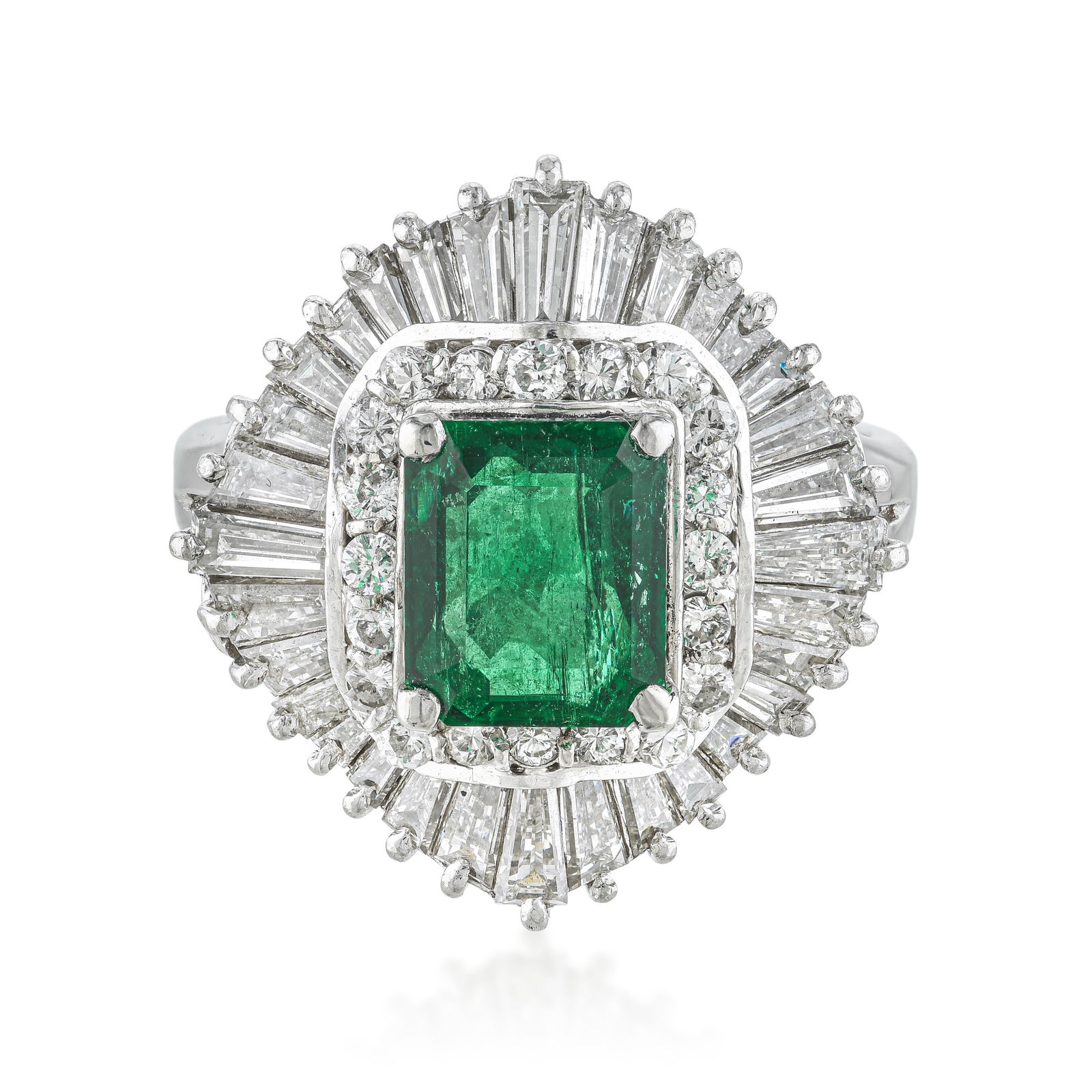 Emerald and Diamond Ballerina Ring: ESTIMATED RETAIL PRICE: $4,000* *This is the estimated value a piece of similar quality, craftsmanship, and characteristics could command at retail. The ballerina setting brings inherent drama to