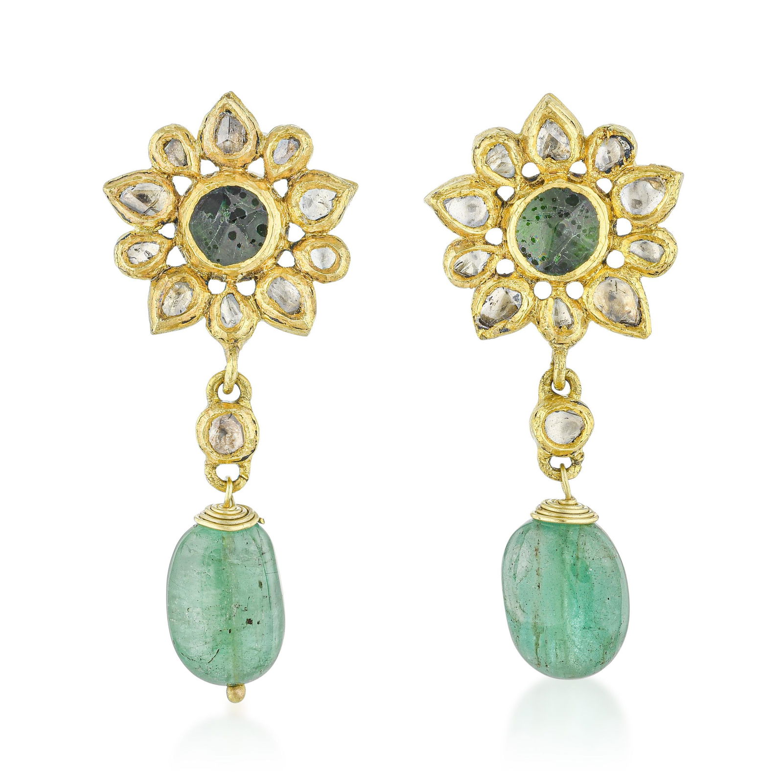 Emerald and Diamond Hanging Earrings: ESTIMATED RETAIL PRICE: $3,400* *This is the estimated value a piece of similar quality, craftsmanship, and characteristics could command at retail. Twenty-two-karat gold has a warmth and depth