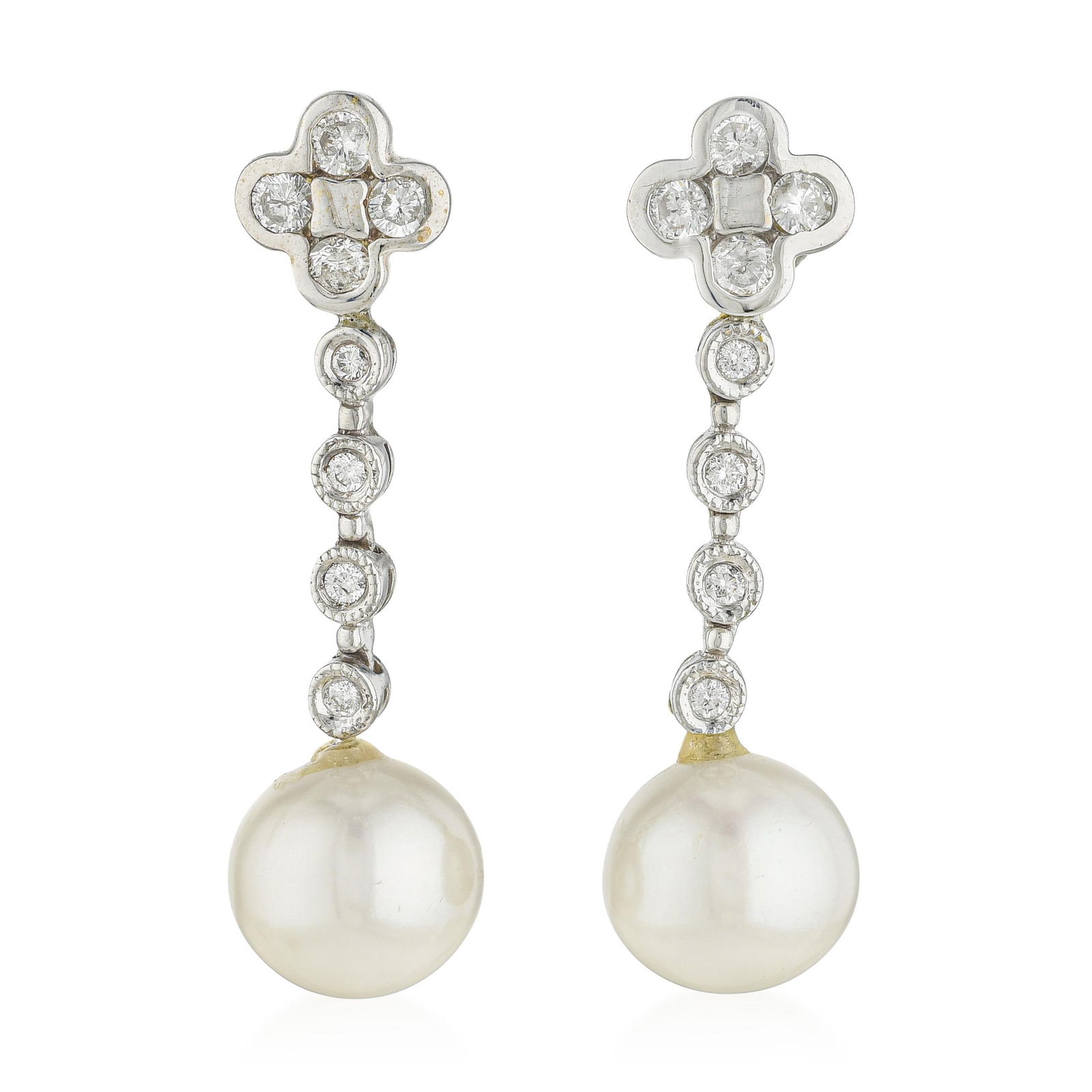 Pearl and Diamond Earrings: ESTIMATED RETAIL PRICE: $2,200* *This is the estimated value a piece of similar quality, craftsmanship, and characteristics could command at retail. The 9mm pearl and round brilliant diamond