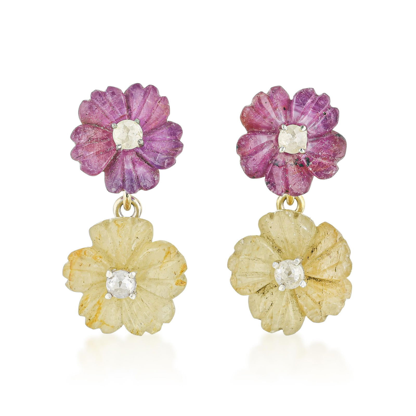 Hand Carved Flower Pink and Yellow Sapphire and Diamond Earrings: ESTIMATED RETAIL PRICE: $1,200* *This is the estimated value a piece of similar quality, craftsmanship, and characteristics could command at retail. Pink and yellow sapphires carved into flower
