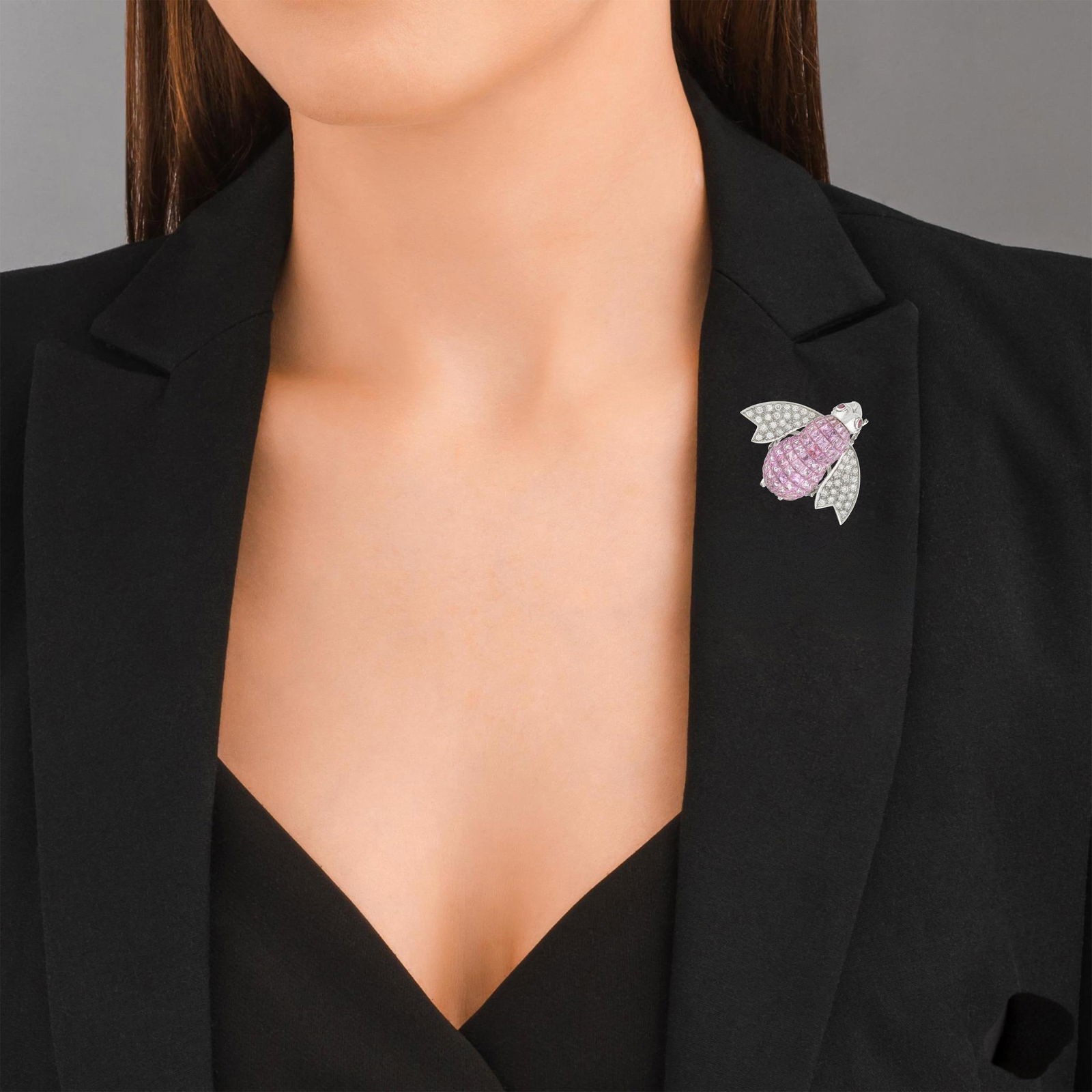 Invisibly Set Pink Sapphire and Diamond Bee Pin - 2