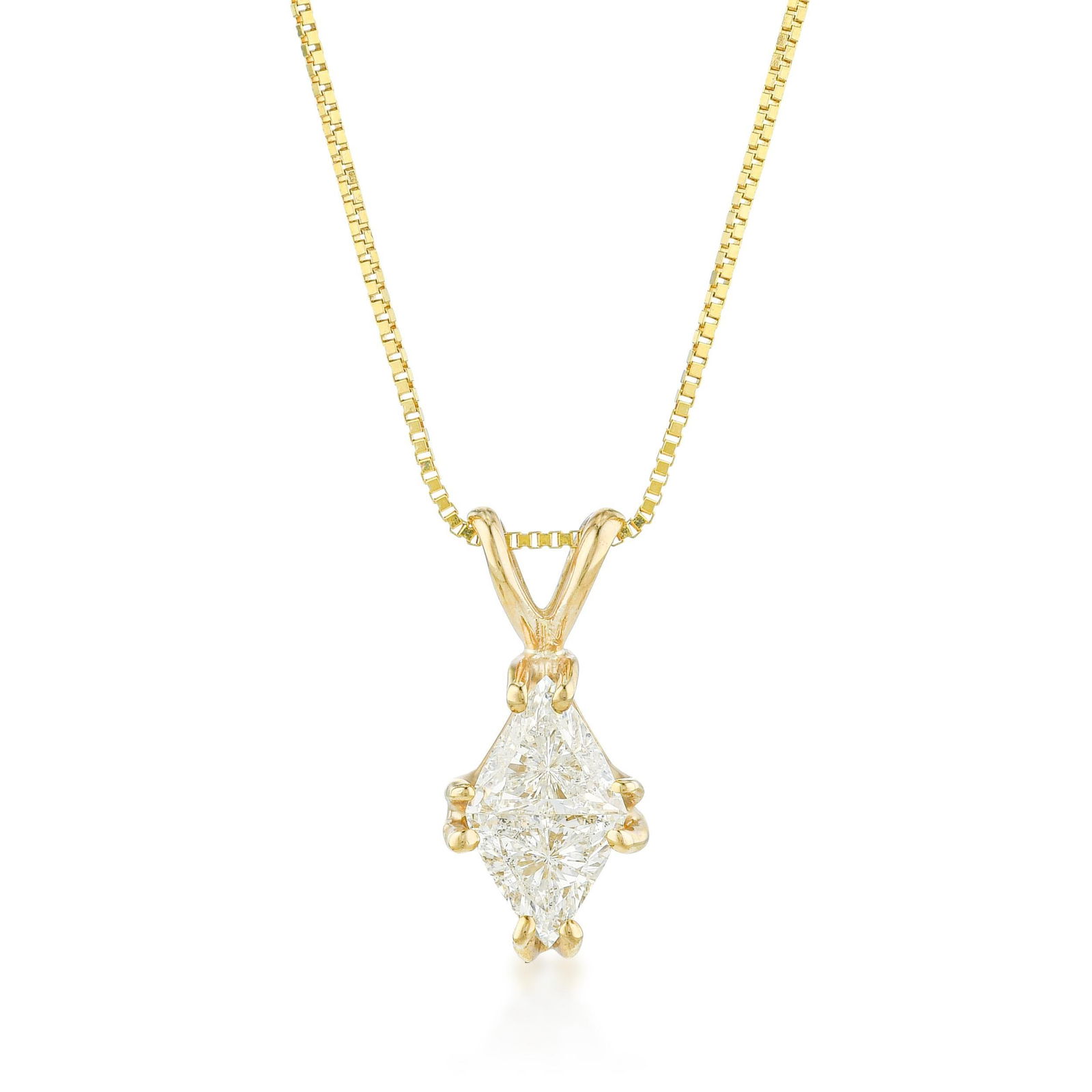 Diamond Solitaire Necklace: ESTIMATED RETAIL PRICE: $1,800* *This is the estimated value a piece of similar quality, craftsmanship, and characteristics could command at retail. Two trillion-cut diamonds on a 14K yellow gold