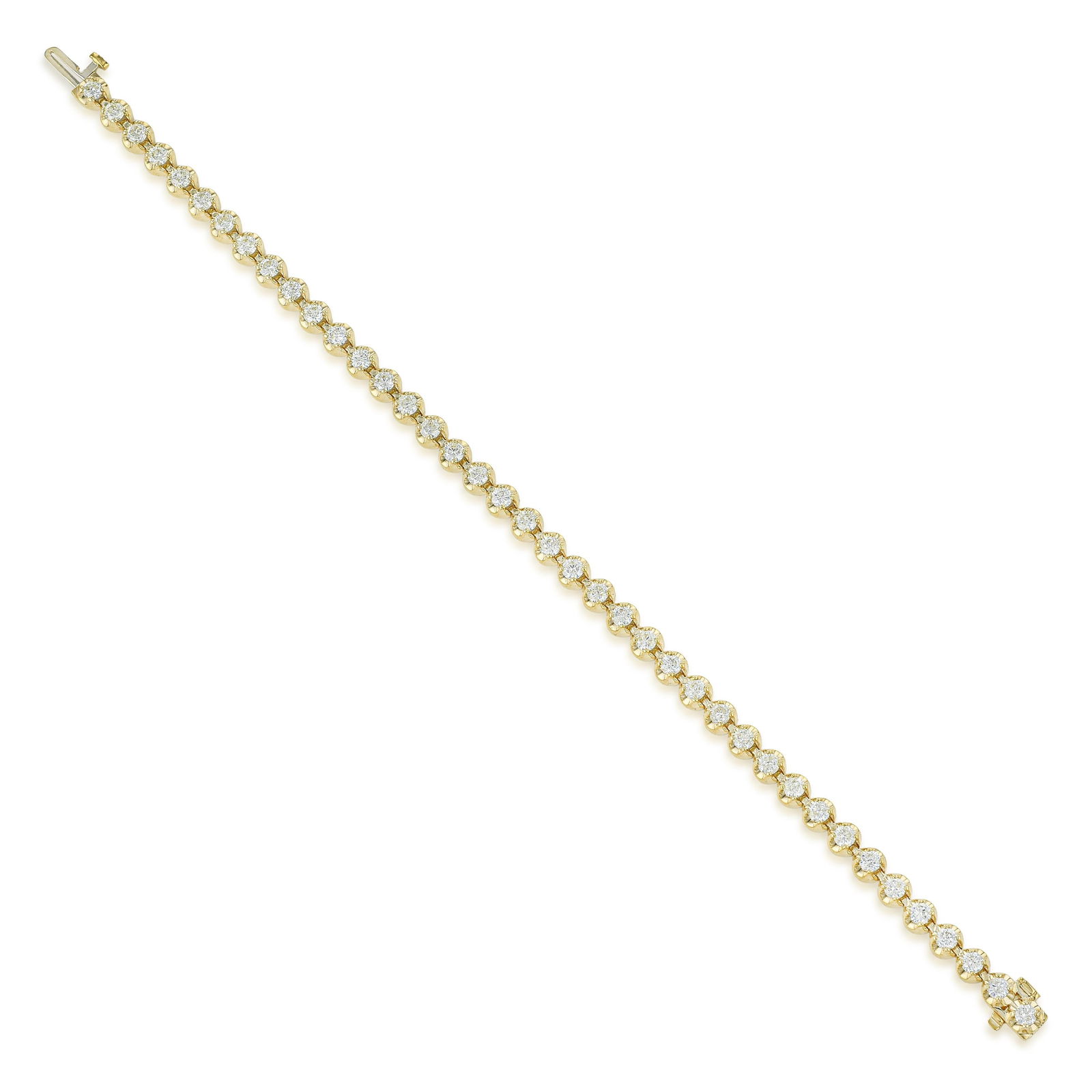 4 Prong Butter Cup Setting Tennis Bracelet - No Reserve Lot: ESTIMATED RETAIL PRICE: $5,000* *This is the estimated value a piece of similar quality, craftsmanship, and characteristics could command at retail. The four-prong buttercup tennis bracelet in 14K