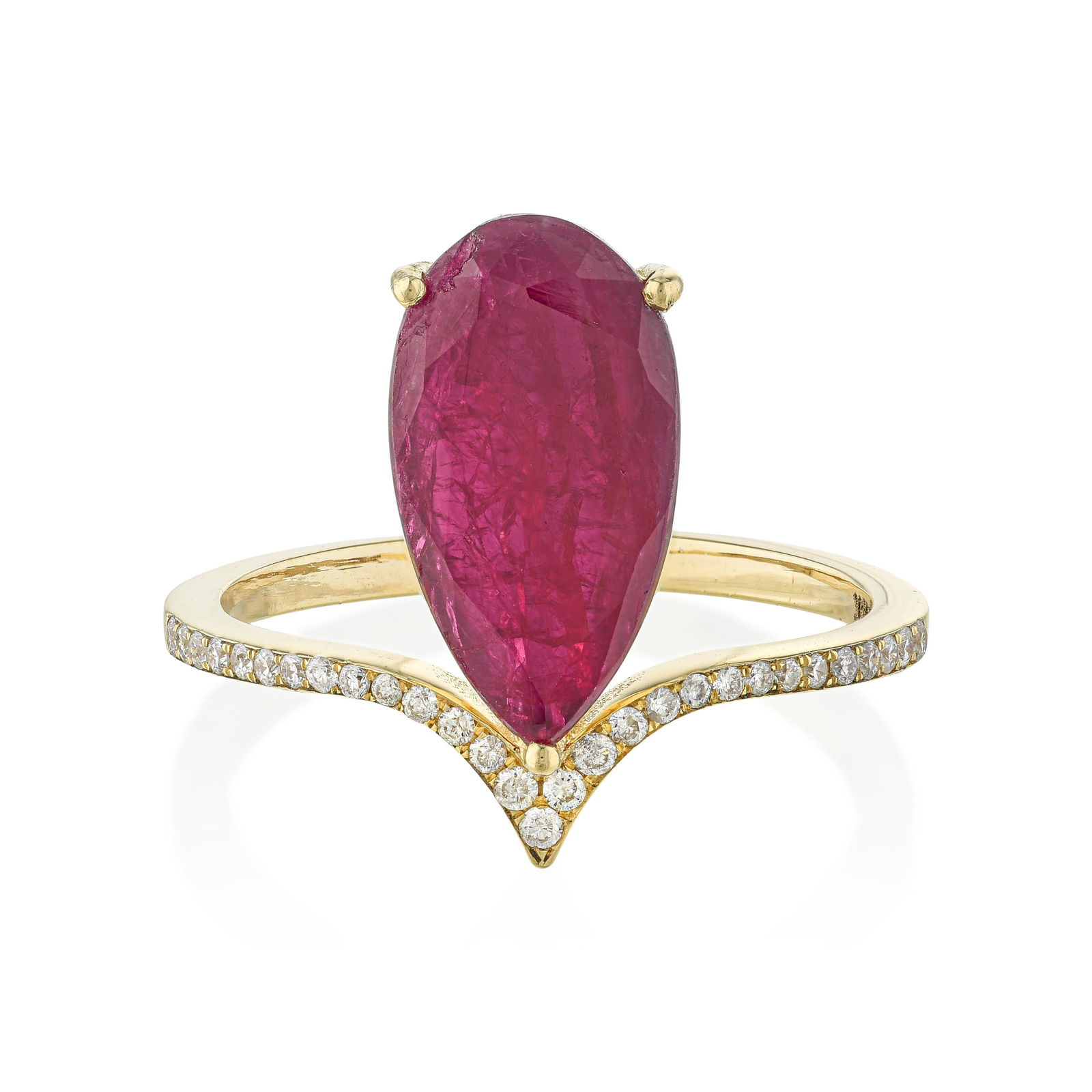 Ruby and Diamond Ring: ESTIMATED RETAIL PRICE: $3,000* *This is the estimated value a piece of similar quality, craftsmanship, and characteristics could command at retail. This 18K yellow gold ring presents approximately 2.