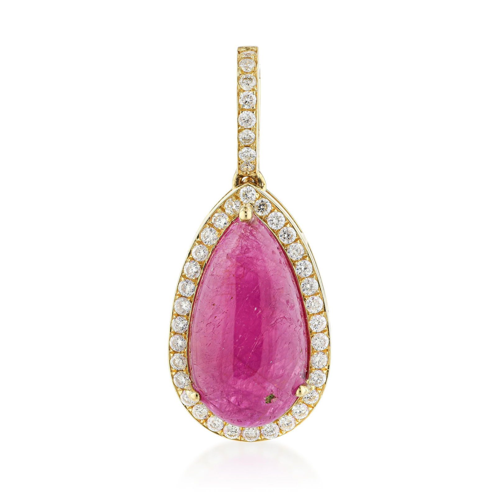 Ruby Pear Shape Cabochon and Diamond Pendant: ESTIMATED RETAIL PRICE: $1,800* *This is the estimated value a piece of similar quality, craftsmanship, and characteristics could command at retail. An 18K yellow gold pendant featuring a
