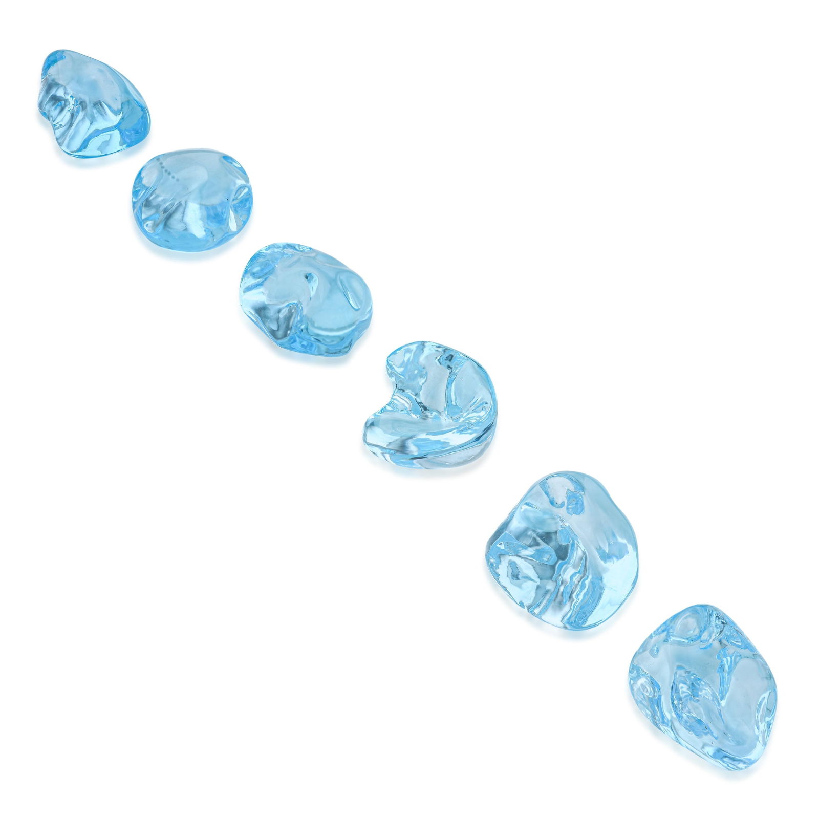 246.10-Carats Total Freeform Smooth Polished Blue Topaz Loose Gemstones: ESTIMATED RETAIL PRICE: $1,000* *This is the estimated value a piece of similar quality, craftsmanship, and characteristics could command at retail. Five freeform polished blue topaz stones