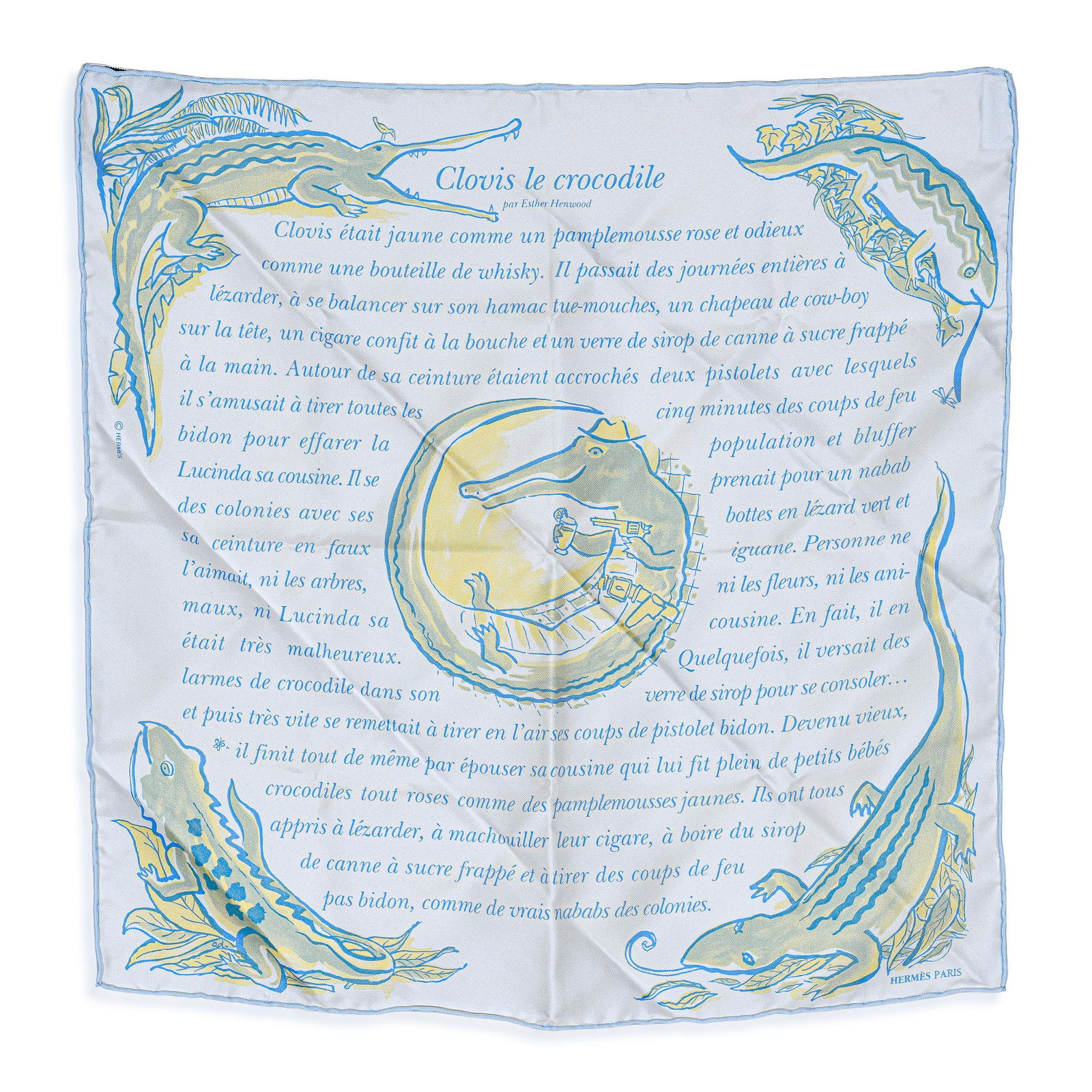 Hermes "Clovis le Crocodile" Silk Gavroche, by Esther Henwood, with Box and Story Book: ESTIMATED RETAIL PRICE: $400* *This is the estimated value a piece of similar quality, craftsmanship, and characteristics could command at retail. Among the more singular and collectible works in