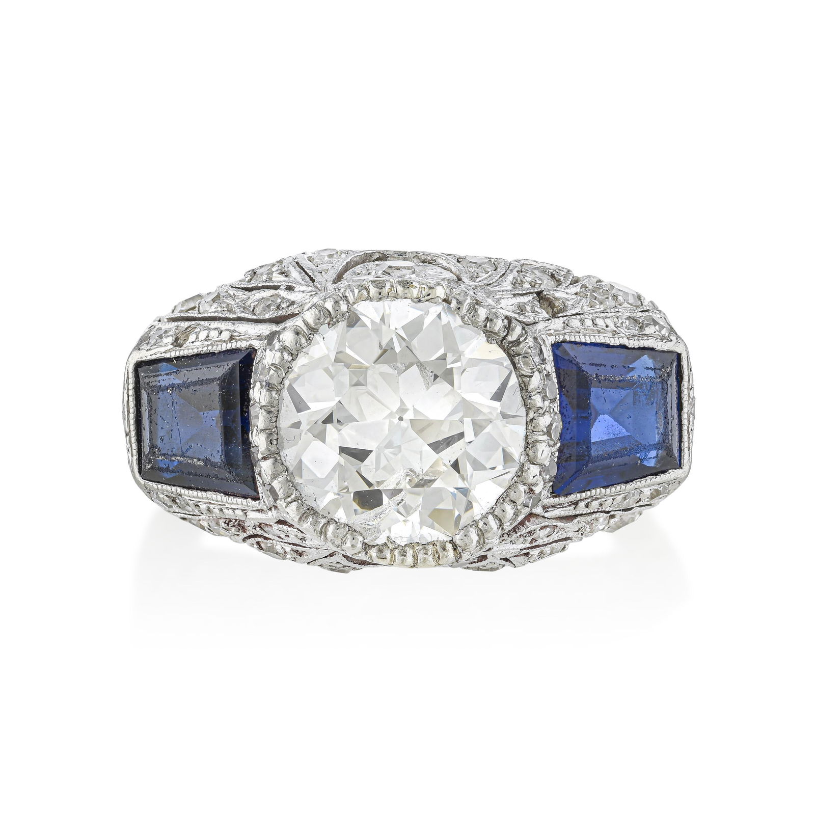 Art Deco Diamond and Synthetic Sapphire Ring: ESTIMATED RETAIL PRICE: $21,000* *This is the estimated value a piece of similar quality, craftsmanship, and characteristics could command at retail. The Art Deco ring demonstrated once and