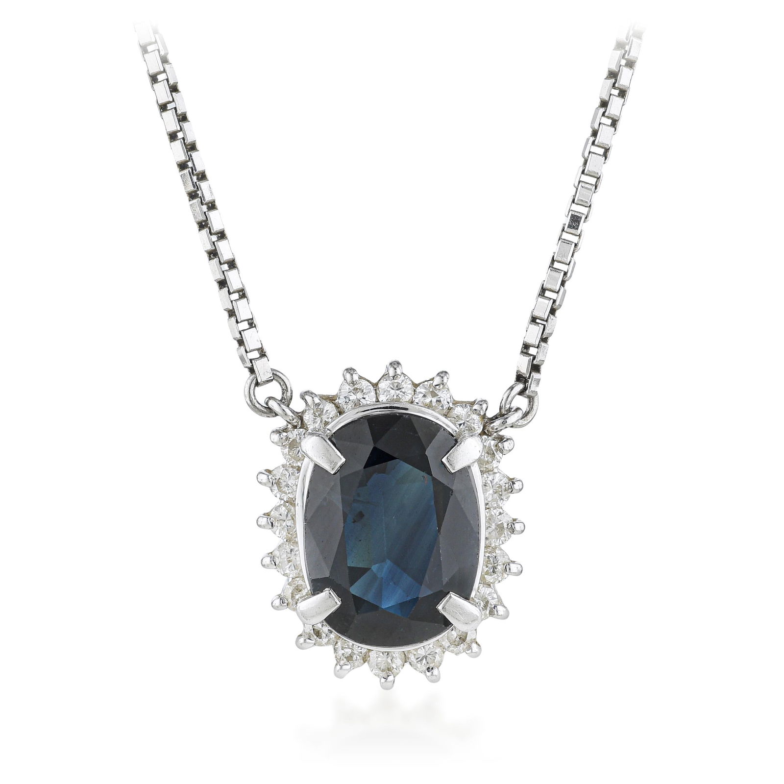 Sapphire and Diamond Necklace: ESTIMATED RETAIL PRICE: $2,800* *This is the estimated value a piece of similar quality, craftsmanship, and characteristics could command at retail. A 3.14-carat oval sapphire and diamond