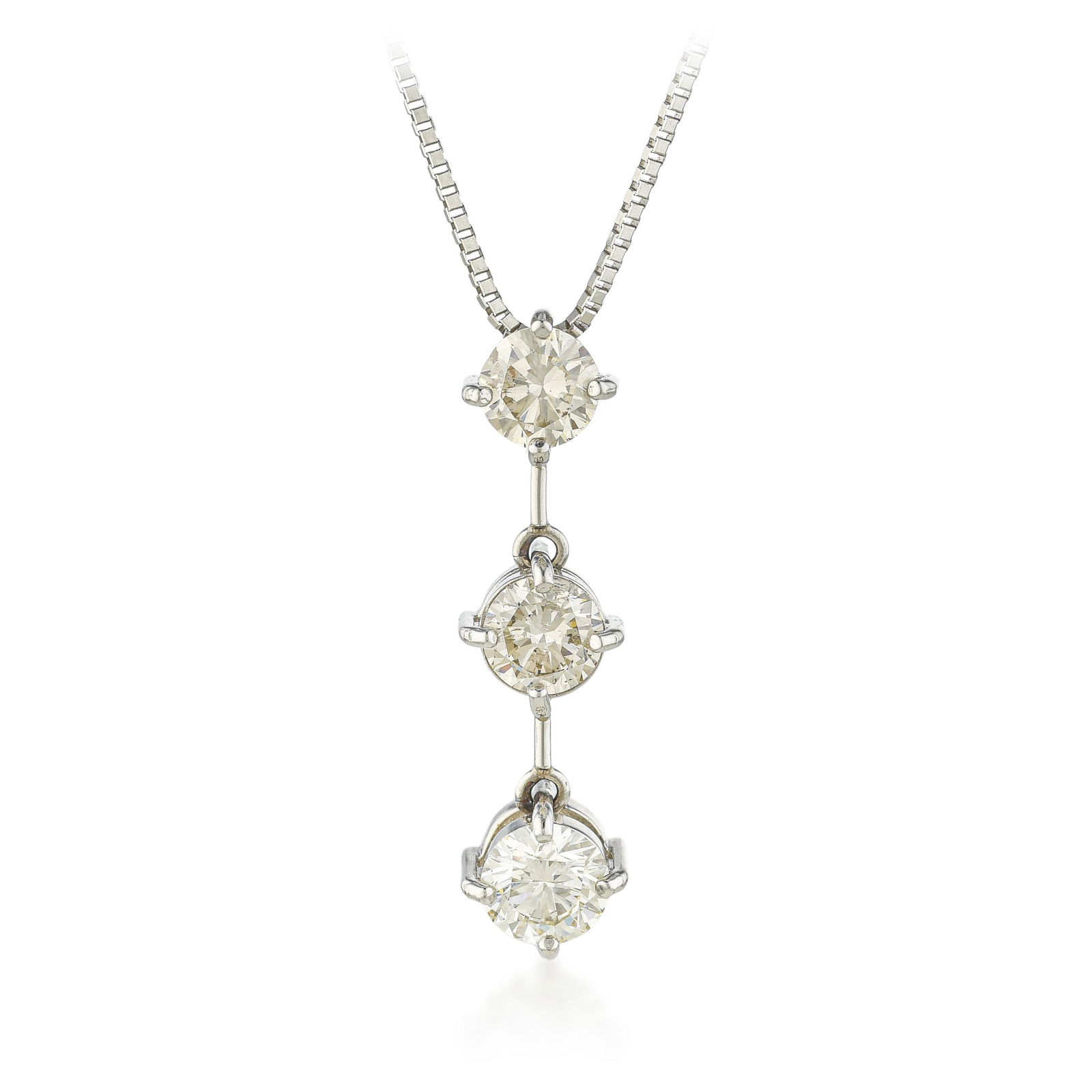 Three Diamond Drop Pendant Necklace: ESTIMATED RETAIL PRICE: $2,400* *This is the estimated value a piece of similar quality, craftsmanship, and characteristics could command at retail. Three round brilliant diamonds totaling