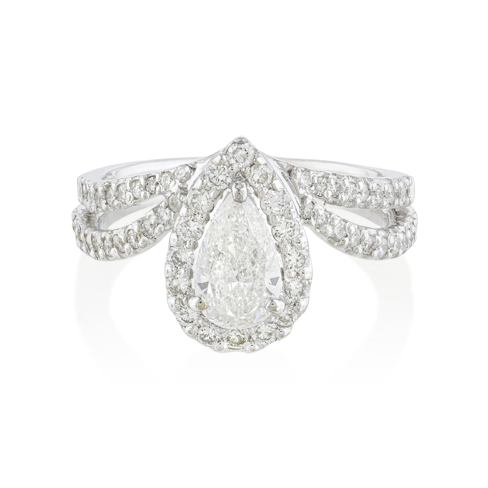 Pear Shaped Diamond Ring: ESTIMATED RETAIL PRICE: $4,800* *This is the estimated value a piece of similar quality, craftsmanship, and characteristics could command at retail. The pear-shaped diamond carries a graceful