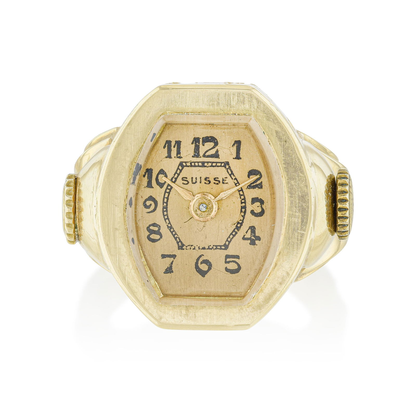 Vintage Gold Watch Ring, French: ESTIMATED RETAIL PRICE: $4,750* *This is the estimated value a piece of similar quality, craftsmanship, and characteristics could command at retail. A striking Retro-era French watch ring,