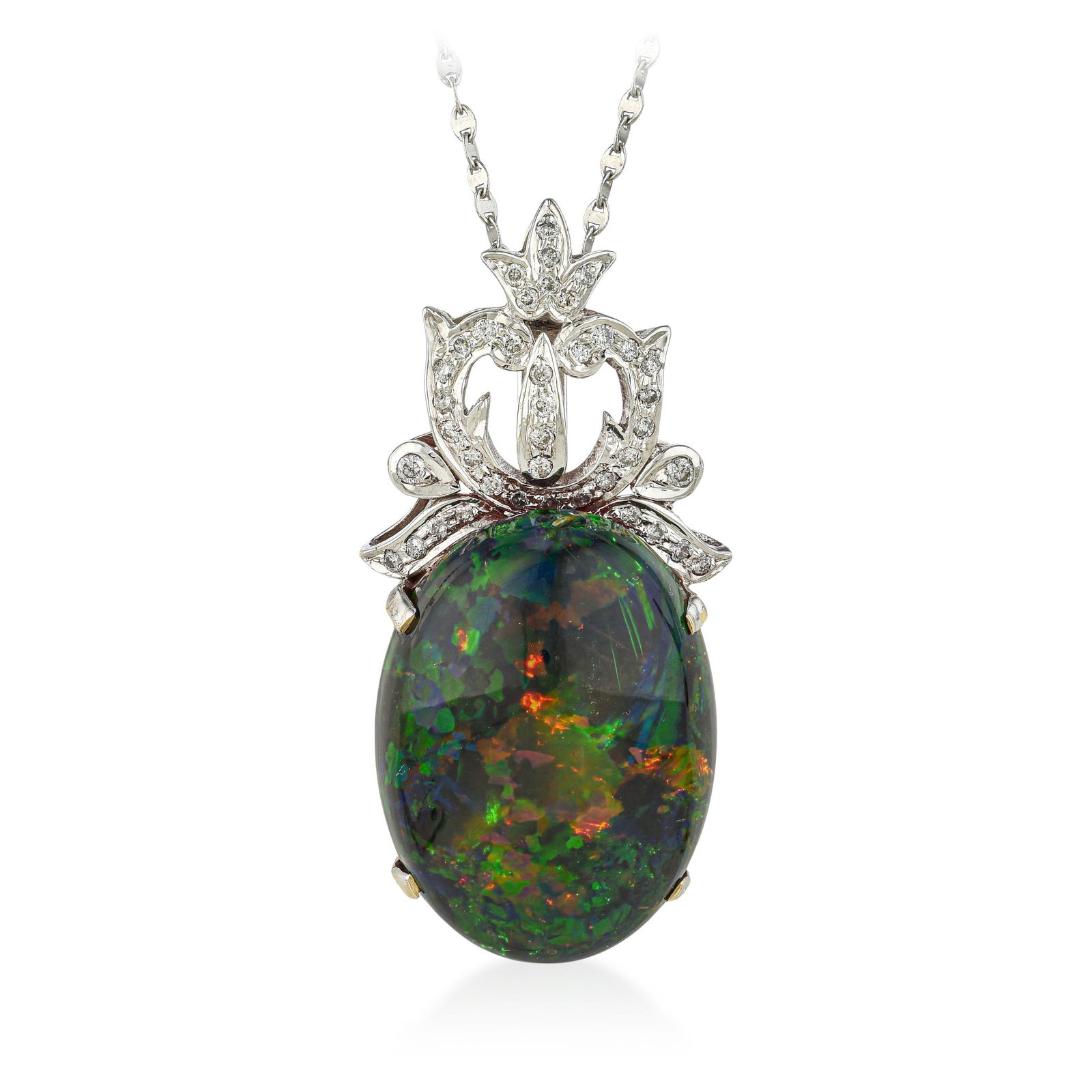 Black Opal And Diamond Pendant W/Chain: ESTIMATED RETAIL PRICE: $7,500* *This is the estimated value a piece of similar quality, craftsmanship, and characteristics could command at retail. A 28.50-carat black opal pendant in 18K