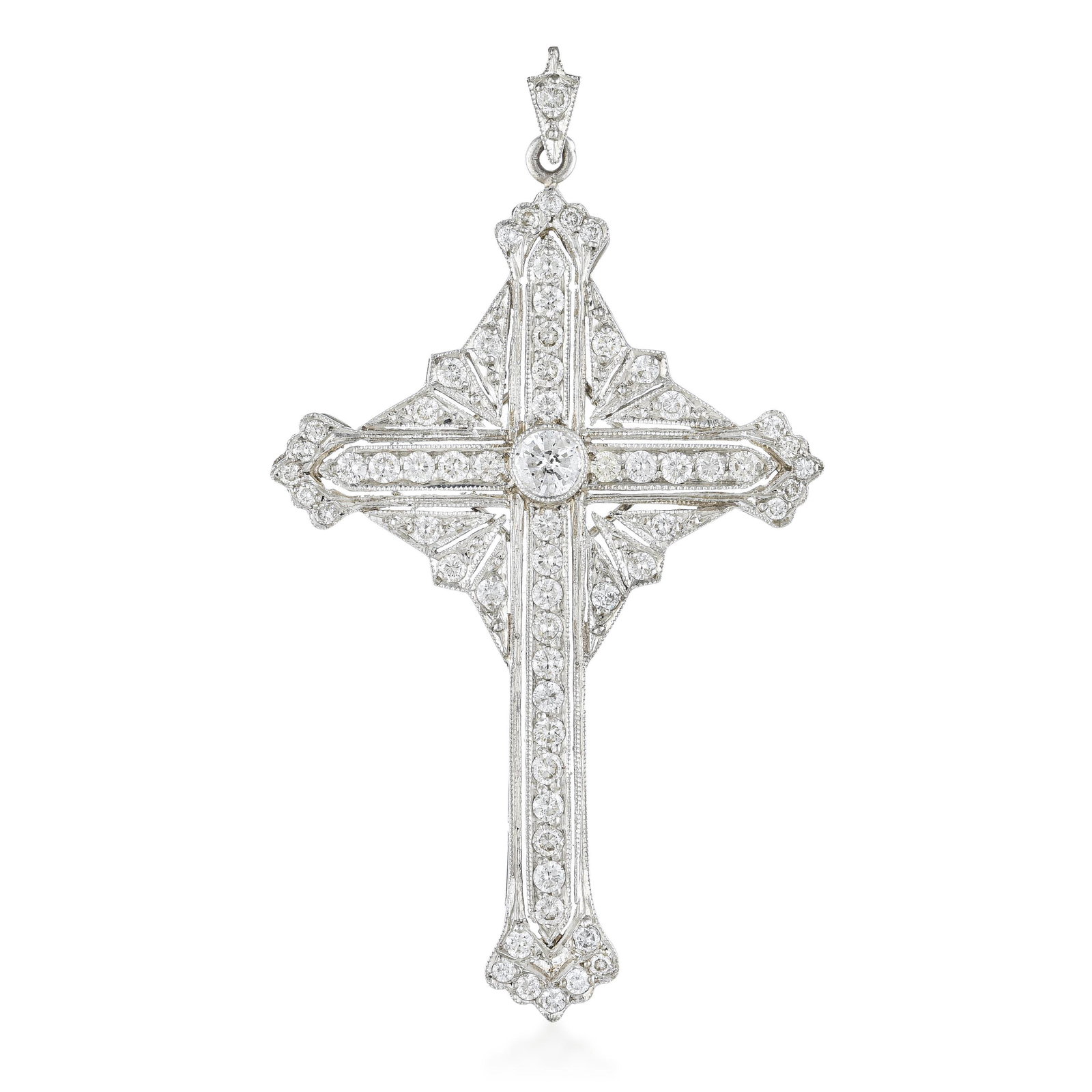 Diamond Cross Pendant: ESTIMATED RETAIL PRICE: $8,750* *This is the estimated value a piece of similar quality, craftsmanship, and characteristics could command at retail. A diamond cross pendant in platinum with