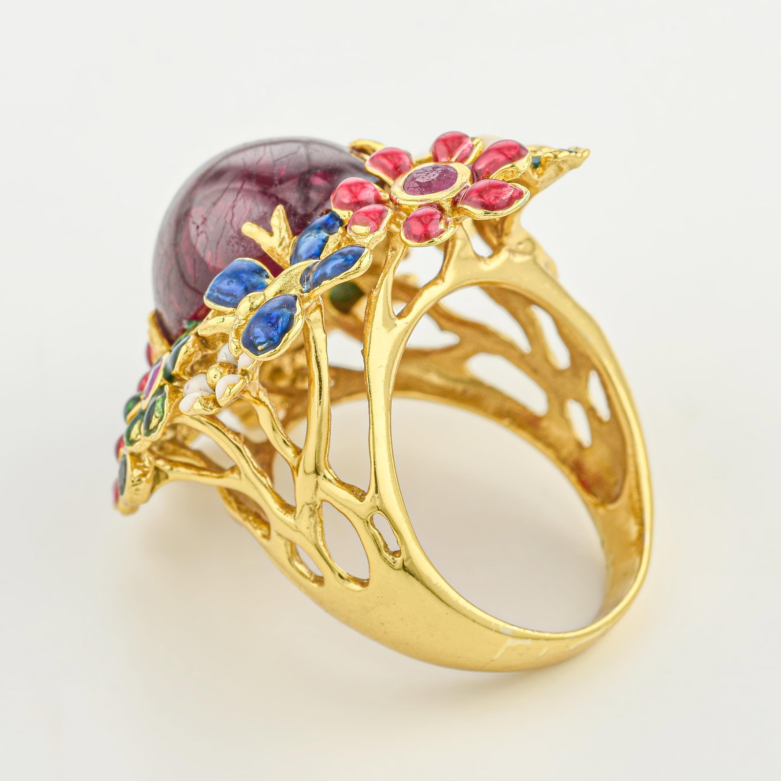 Red Stone and Enamel Gold Plated Ring - 2
