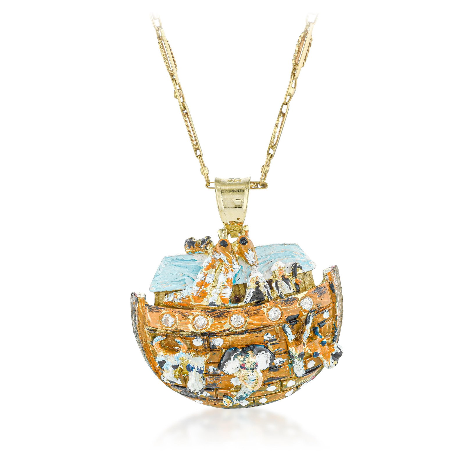 Noah's Arc Enamel Pendant Necklace: ESTIMATED RETAIL PRICE: $6,250* *This is the estimated value a piece of similar quality, craftsmanship, and characteristics could command at retail. A Noah's Ark enamel pendant in 14K yellow