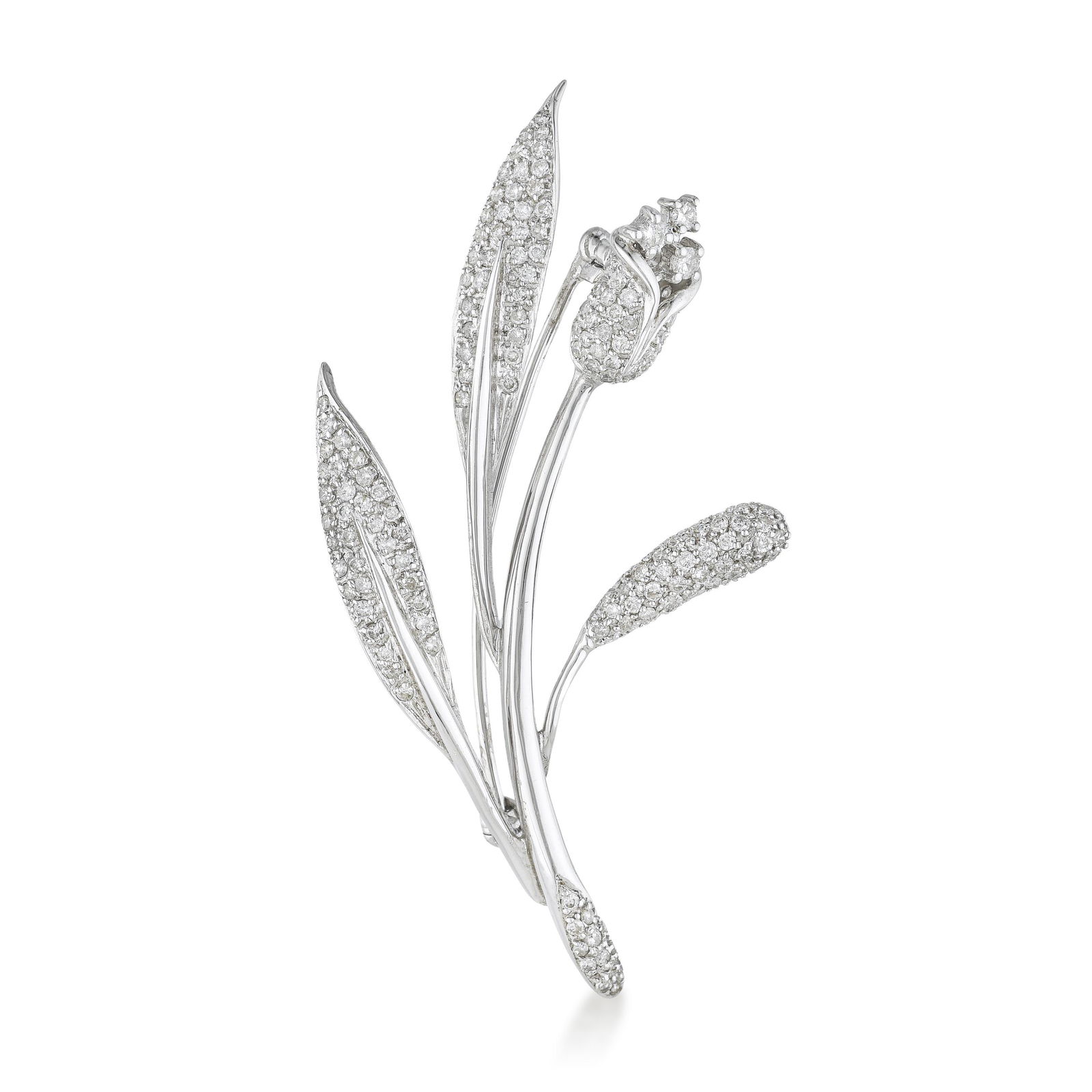 Diamond Flower Brooch: ESTIMATED RETAIL PRICE: $4,000* *This is the estimated value a piece of similar quality, craftsmanship, and characteristics could command at retail. A diamond flower brooch in 14K white gold