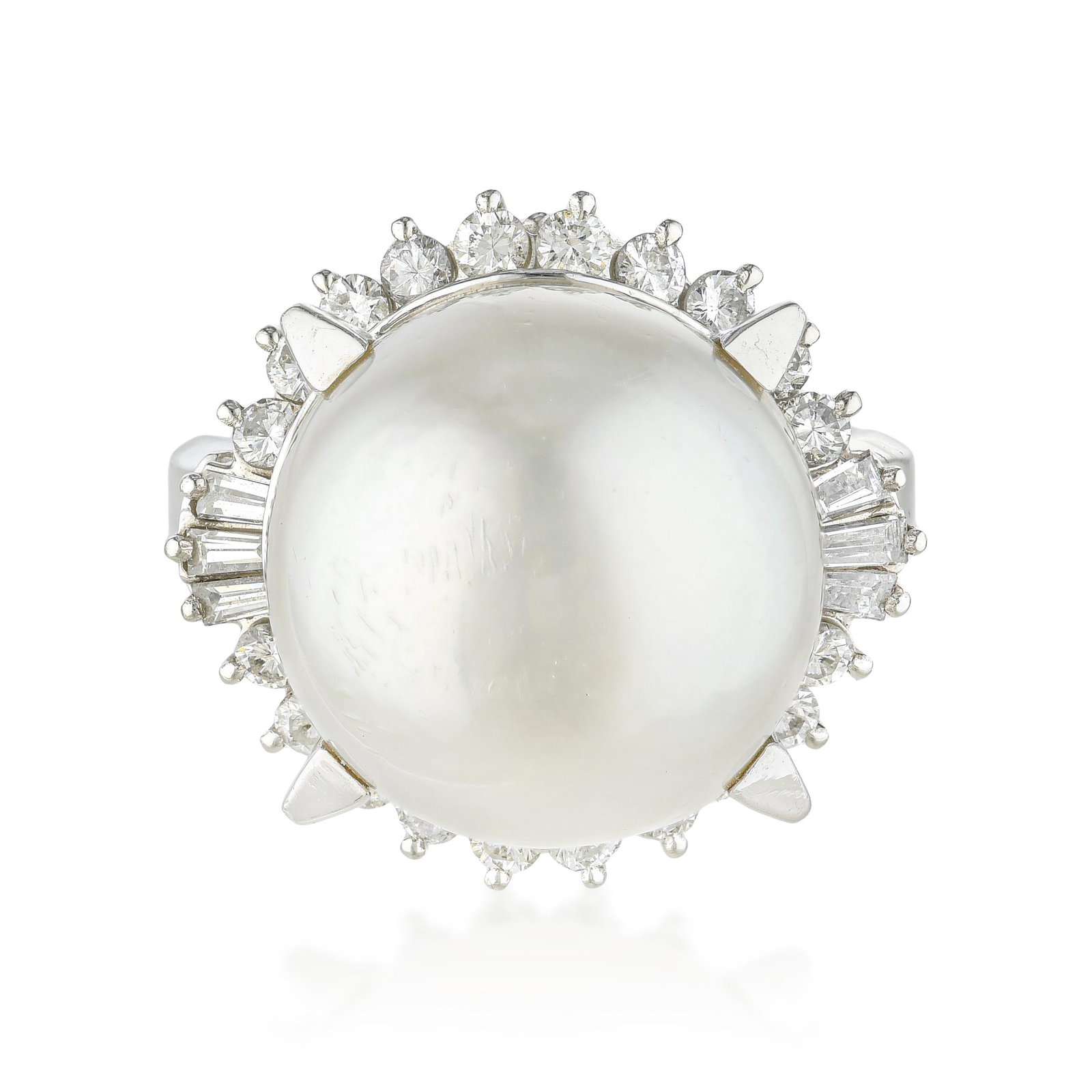 Pearl and Diamond Ring: ESTIMATED RETAIL PRICE: $3,000* *This is the estimated value a piece of similar quality, craftsmanship, and characteristics could command at retail. An 11mm white round pearl in platinum with mixed-cu