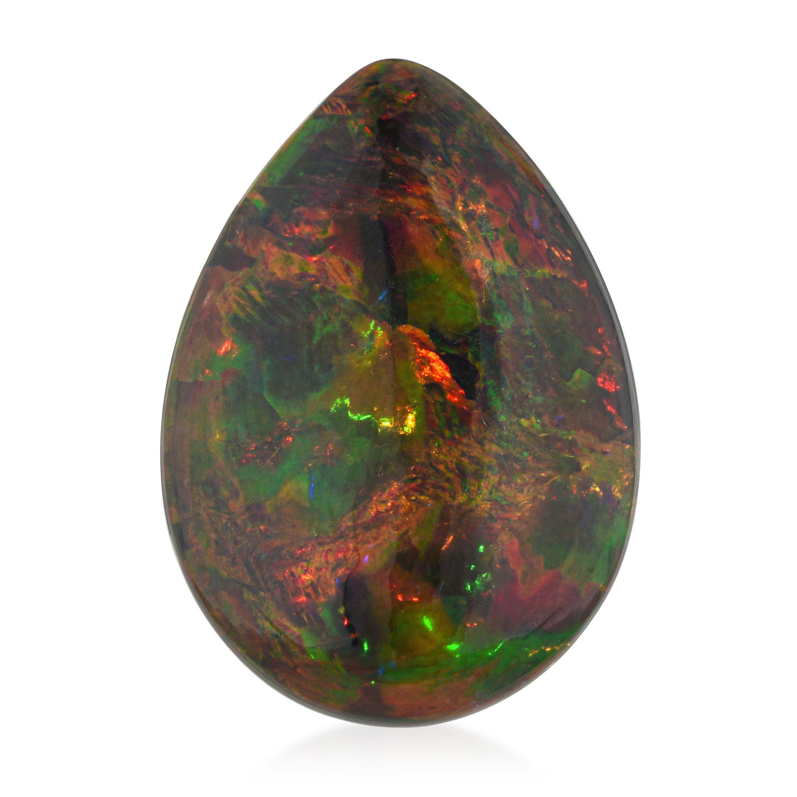 29.70-Carat Pear Cabochon Opal Loose Gemstone: A 29.70-carat pear cabochon black opal: the pear cabochon is among the most elegant forms a freeform opal can take, and in a black opal of this weight the play-of-color display is dramatic. The dark