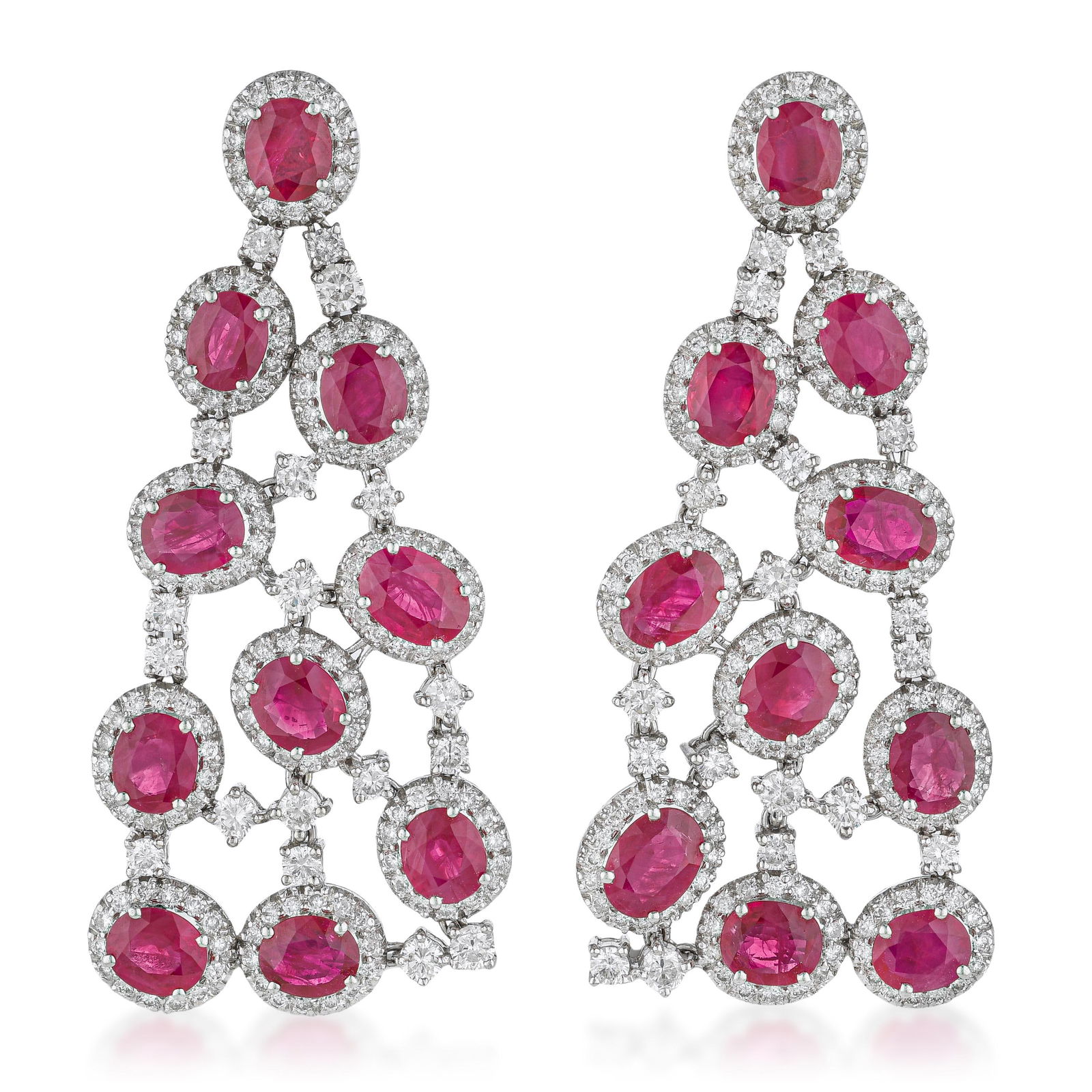 Burma Ruby and Diamond Cascading Earrings: ESTIMATED RETAIL PRICE: $46,000* *This is the estimated value a piece of similar quality, craftsmanship, and characteristics could command at retail. Burma ruby and diamond cascading earrings